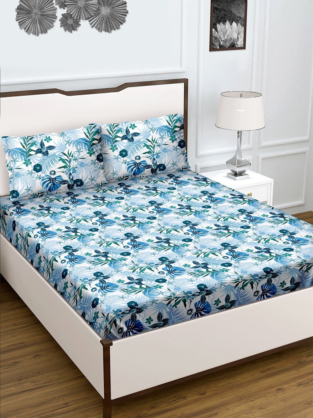 

BELLA CASA Blue & White 180 TC Queen Floral Cotton Bedsheet with 2 Pillow Covers