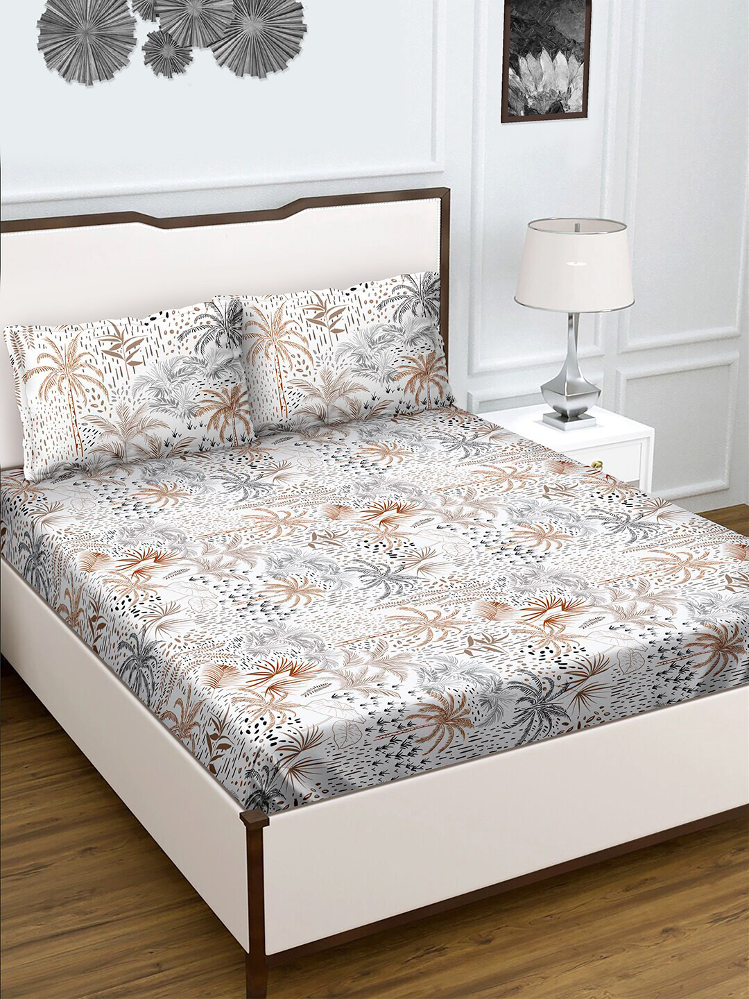 

BELLA CASA Brown & White Floral 180 TC Cotton Queen Bedsheet with 2 Pillow Covers