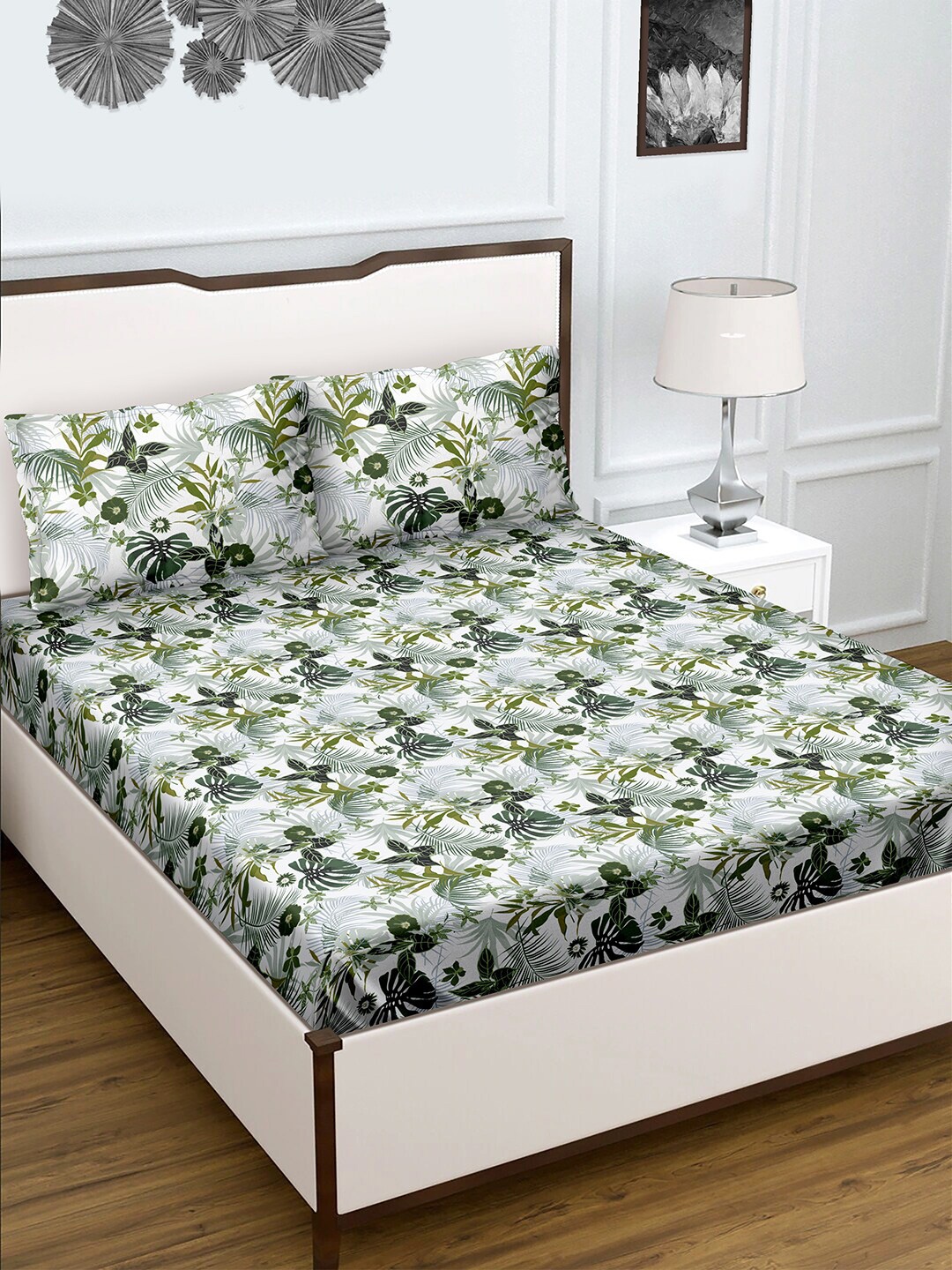 

BELLA CASA Green & Grey Floral 180 TC Queen Bedsheet with 2 Pillow Covers