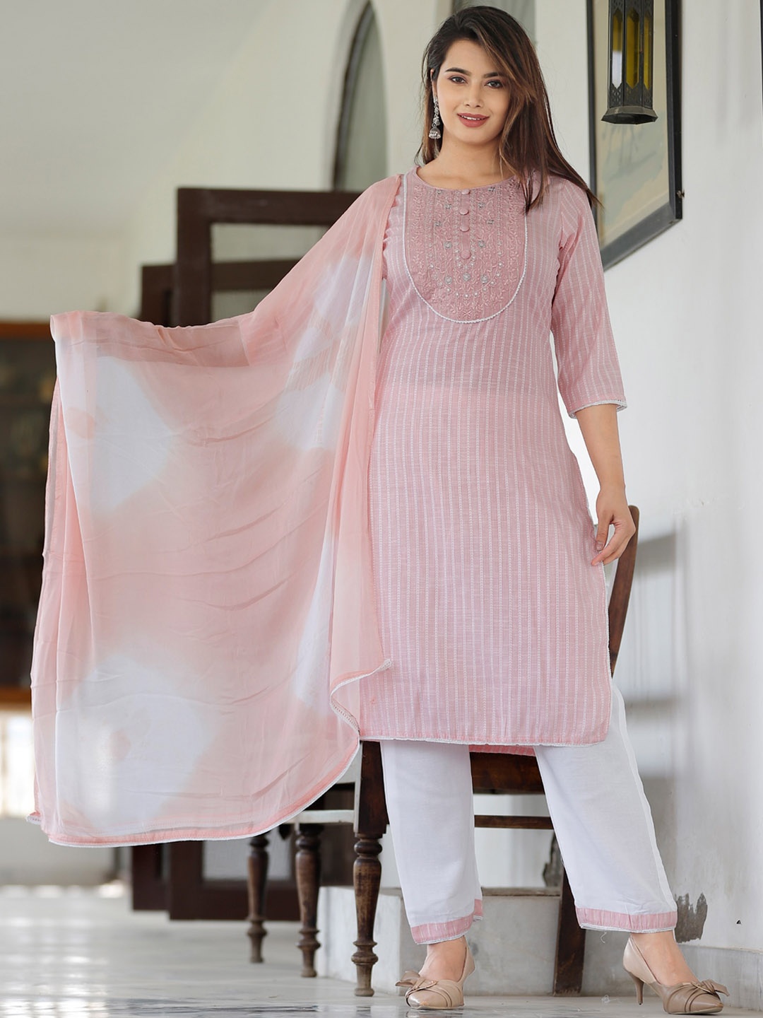 

YAVI Women Pink Striped Thread Work Kurta with Palazzos & With Dupatta