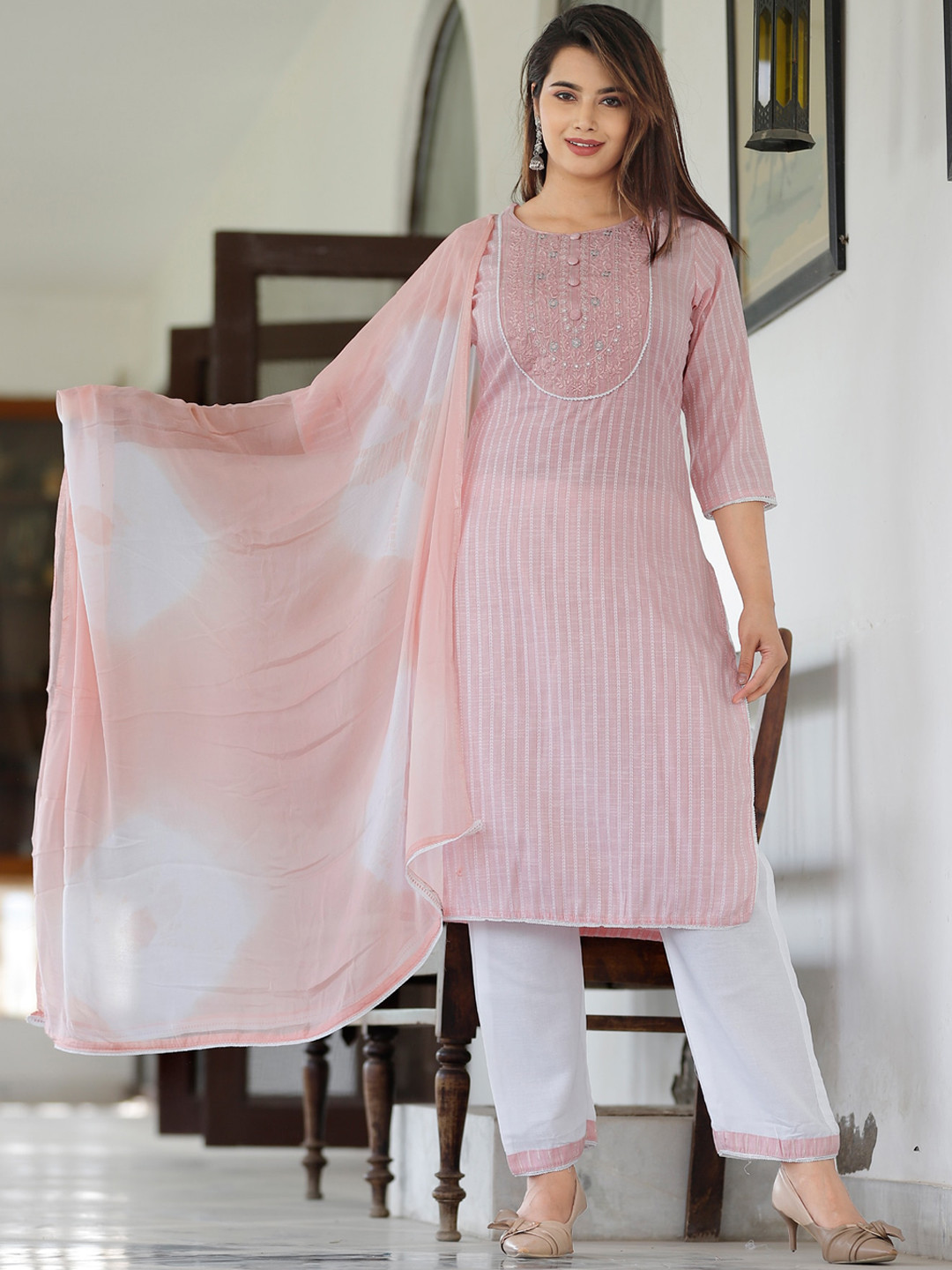 

YAVI Women Pink Striped Empire Kurti with Sharara & With Dupatta