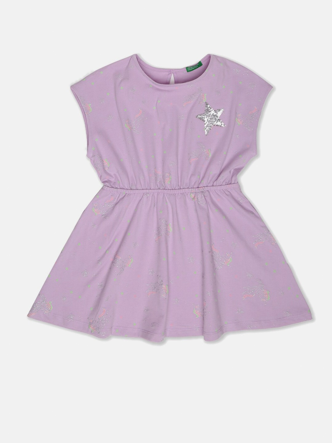 

United Colors of Benetton Purple Unicorn Glitter Embellished Fit & Flare Cotton Dress
