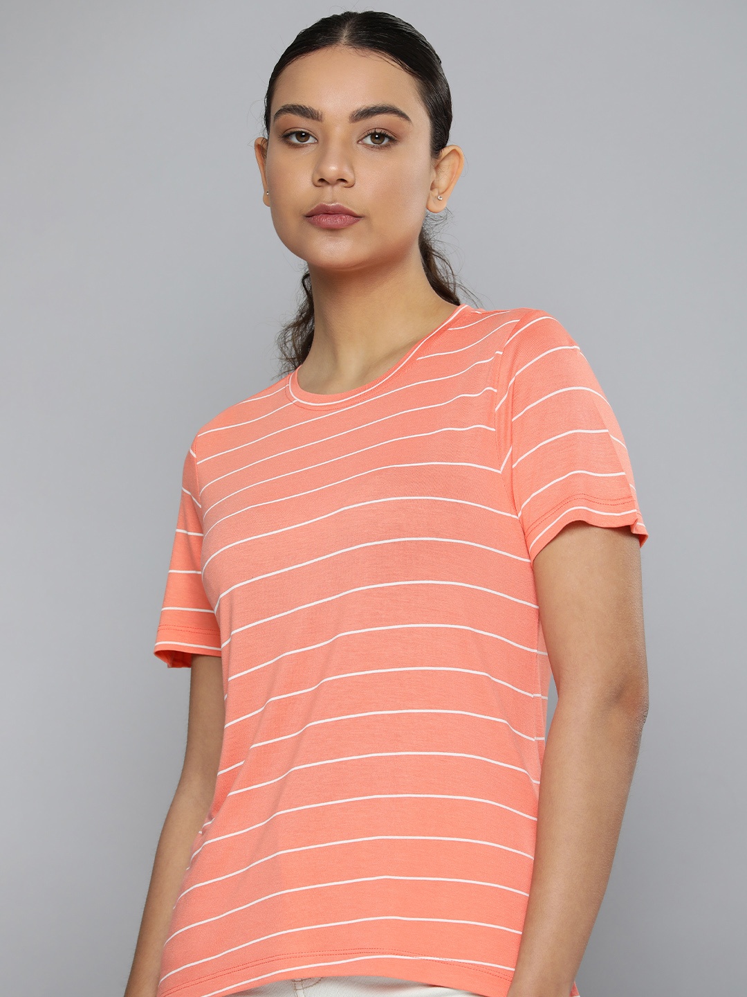 

ether Women Striped Round Neck T-shirt, Coral