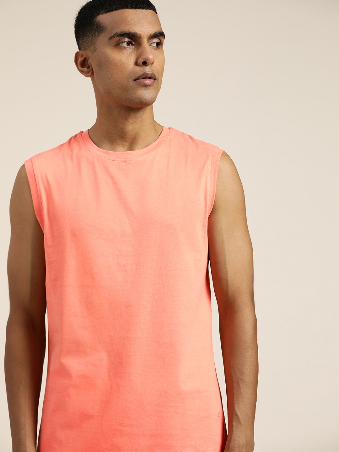 

ether Men Coral Pink Pure Cotton Sleeveless T-shirt