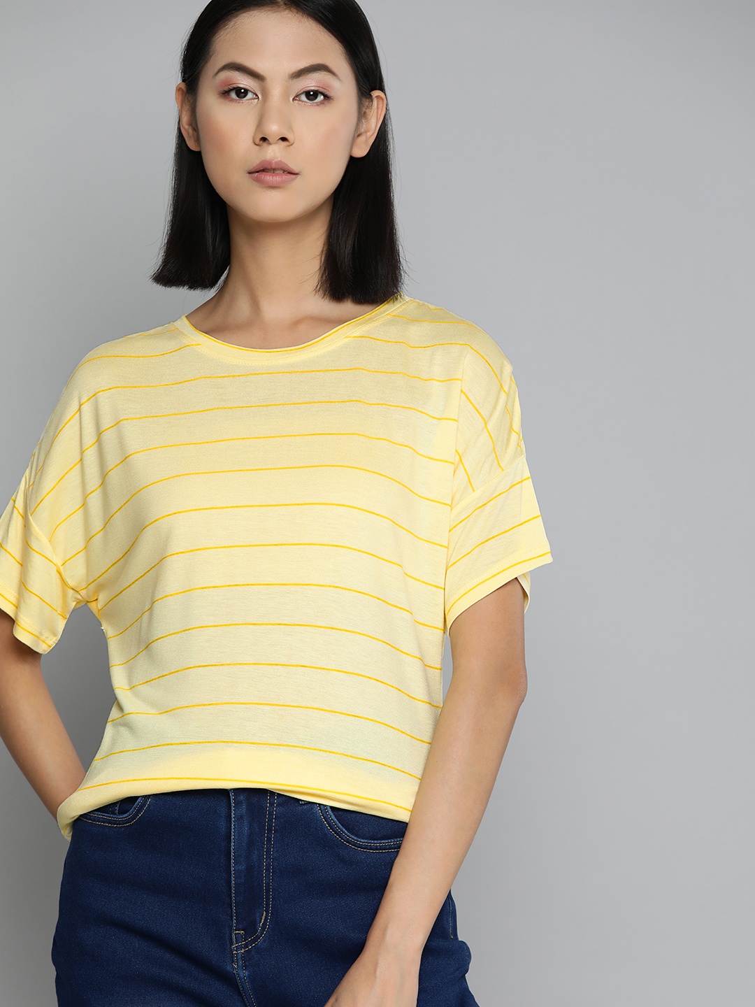 

ether Women Striped Drop-Shoulder Sleeves T-shirt, Yellow