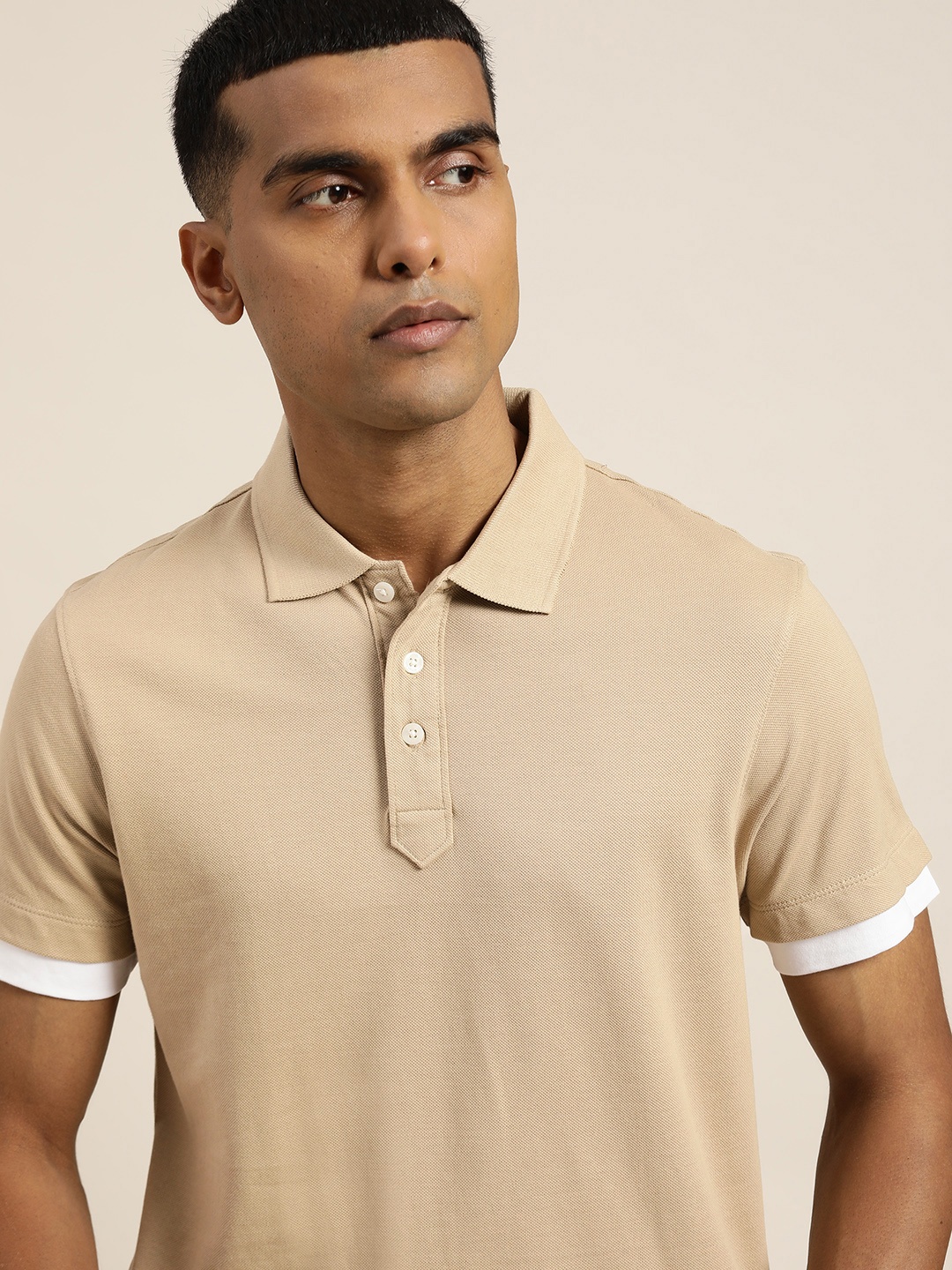 

ether Men Beige Polo Collar Pure Cotton T-shirt