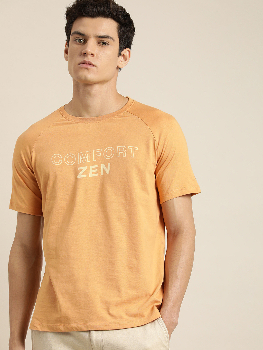 

ether Men Orange & White Typography Printed Pure Cotton T-shirt