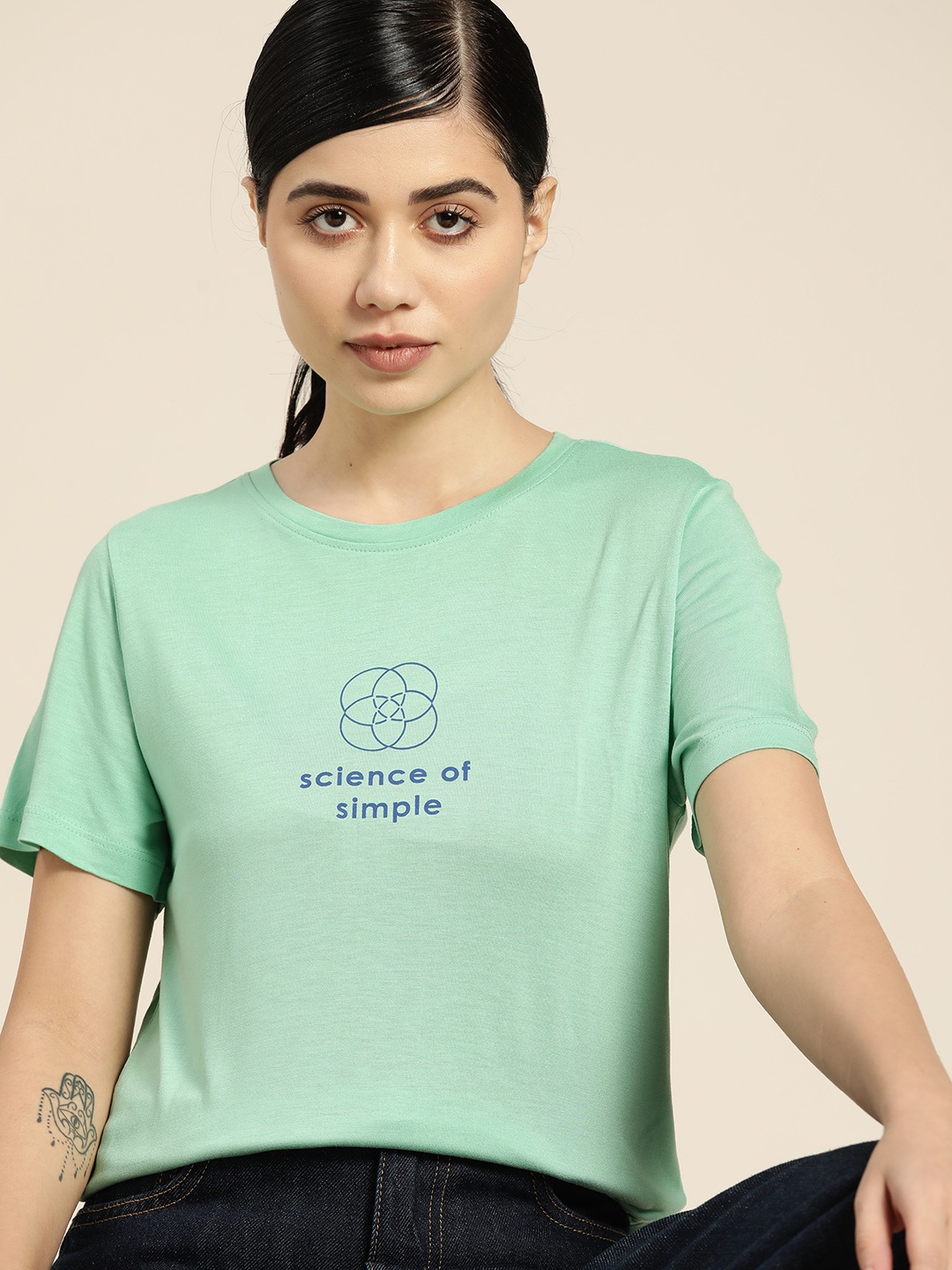 

ether Women Sea Green Typography Printed T-shirt