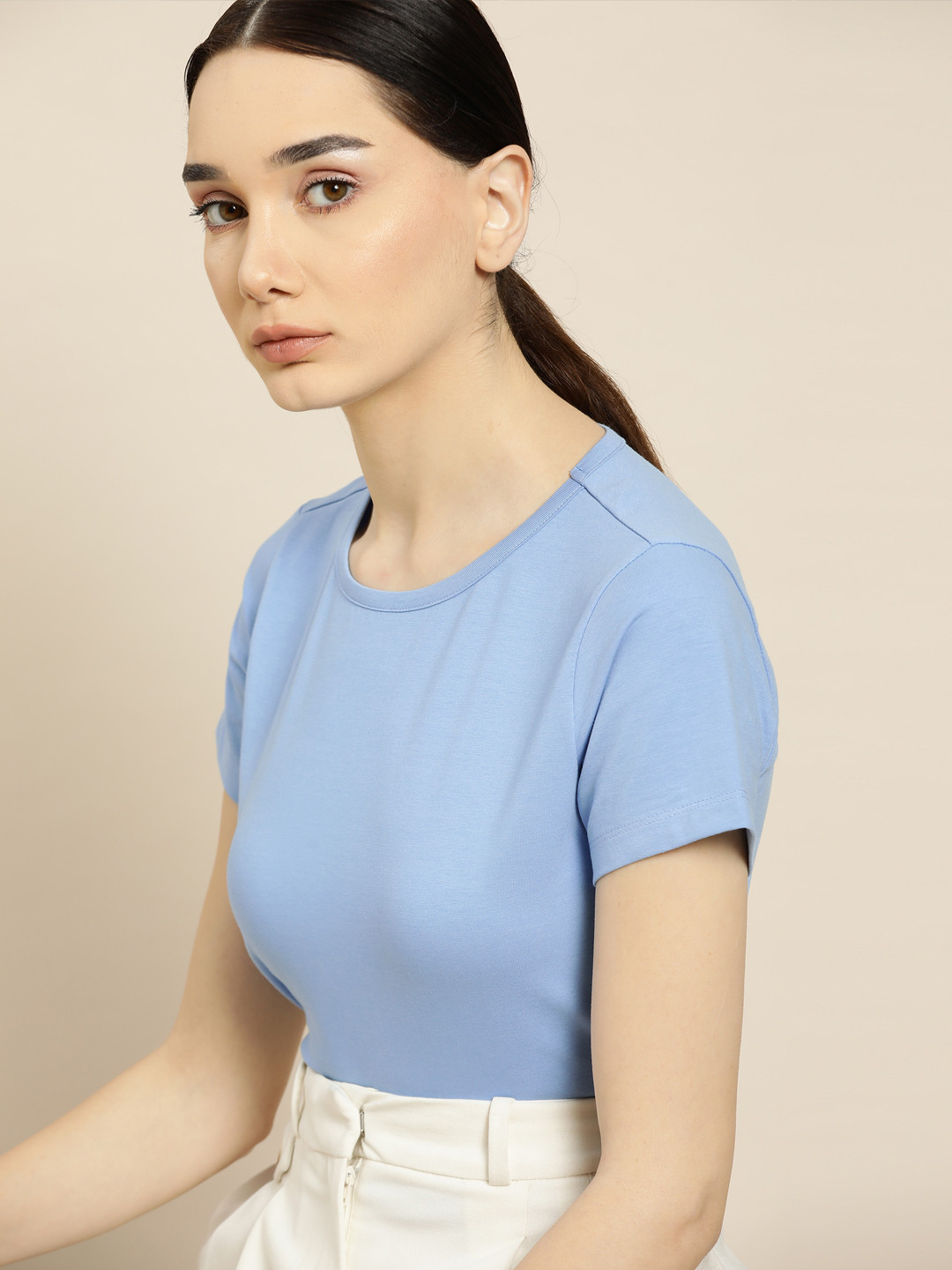 

ether Women Blue Solid T-shirt