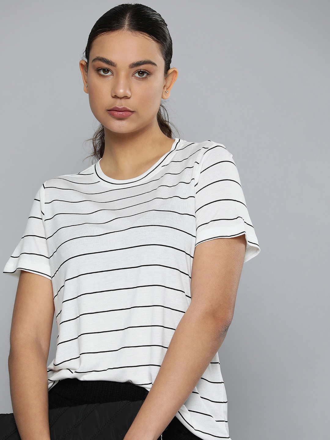

ether Women Striped Round Neck T-shirt, White