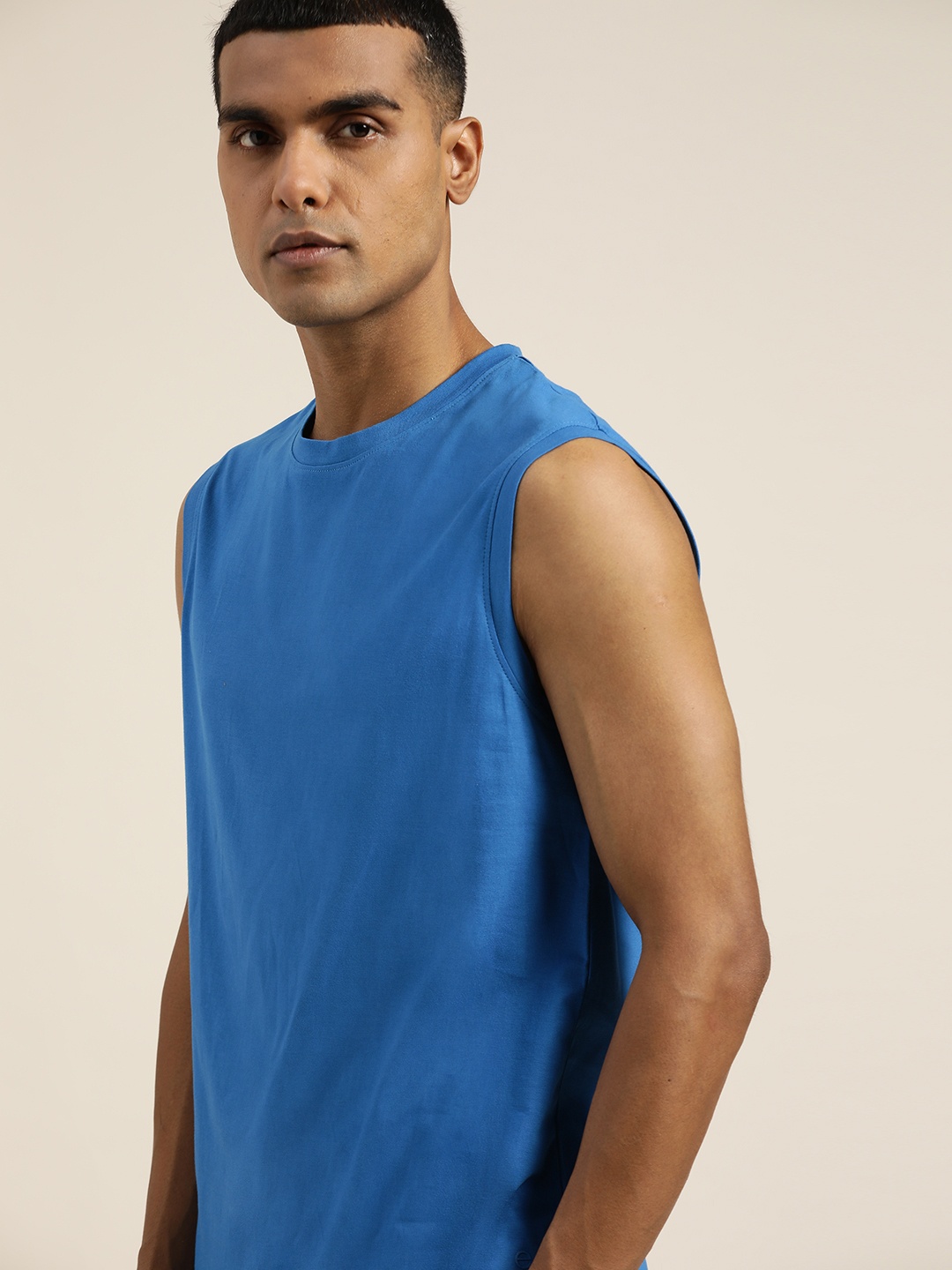 

ether Men Blue Pure Cotton Sleeveless T-shirt