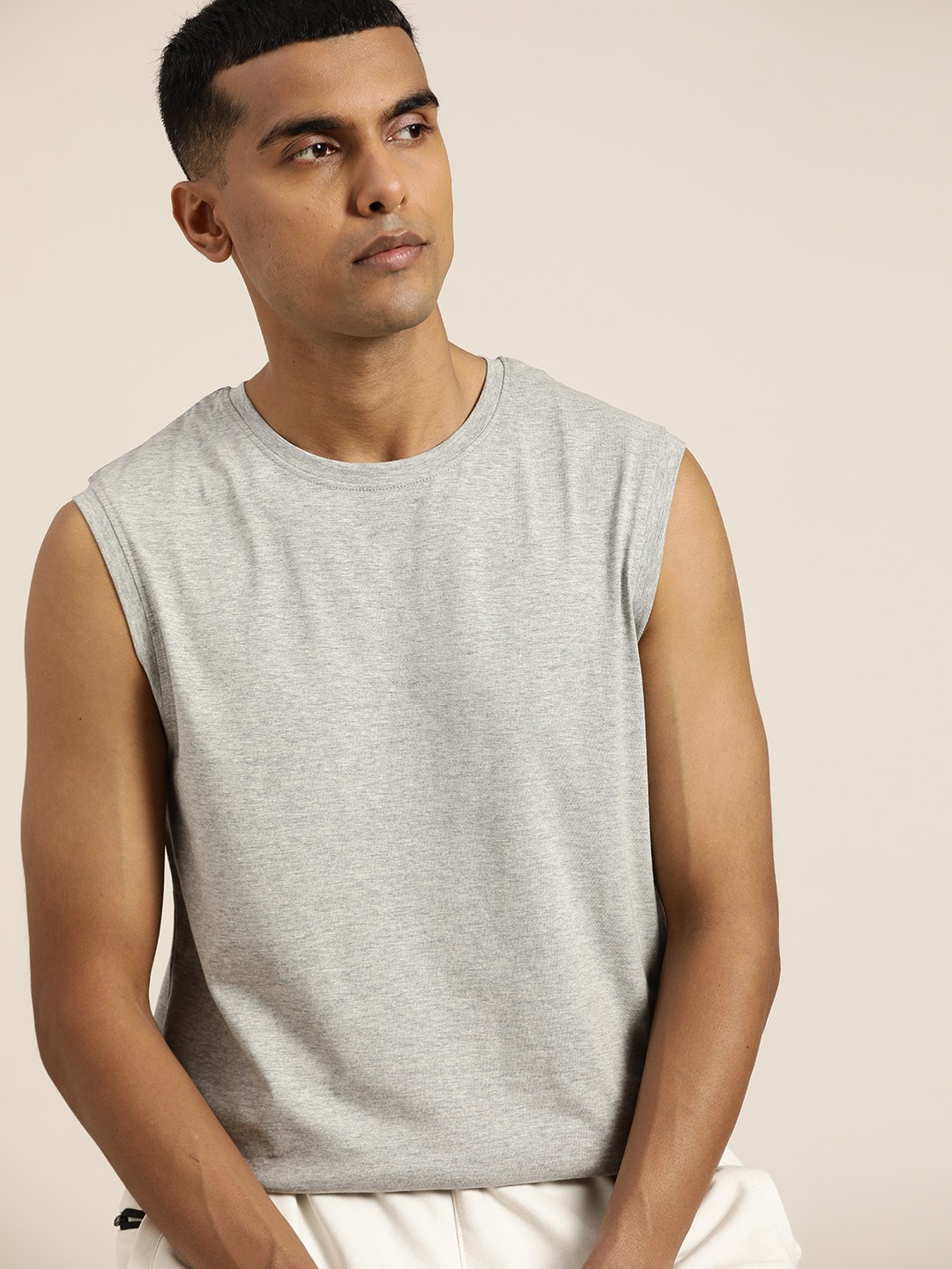 

ether Men Grey Melange Pure Cotton Sleeveless T-shirt