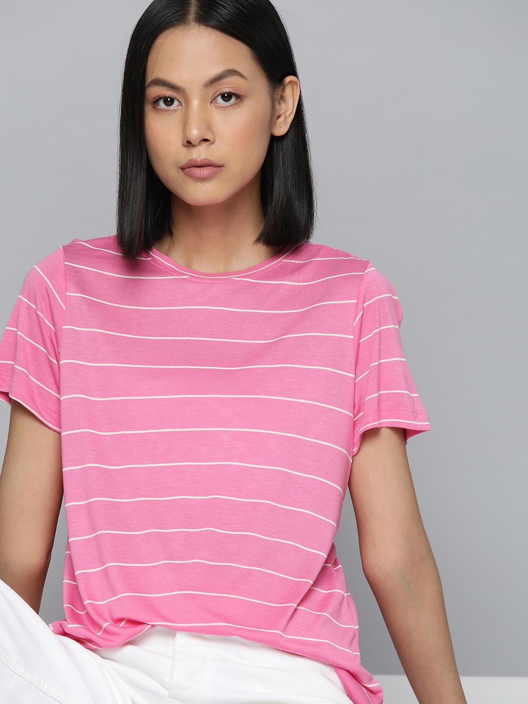 

ether Women Pink & White Striped Regular Fit T-shirt