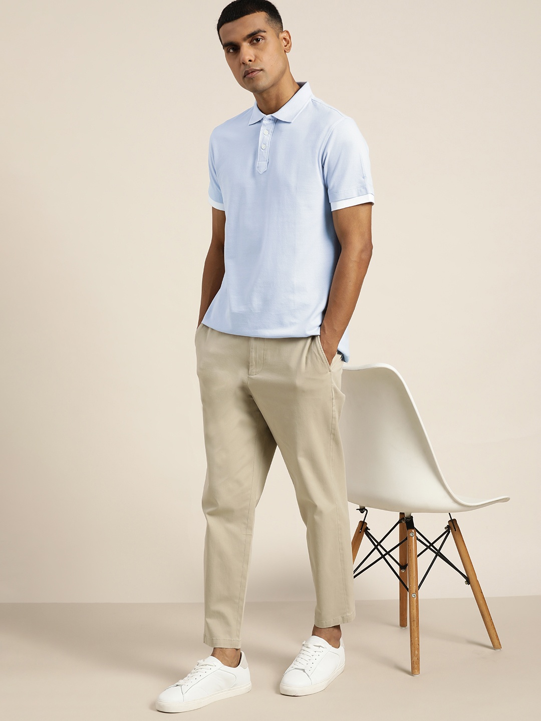 

ether Men Blue Polo Collar Pure Cotton T-shirt