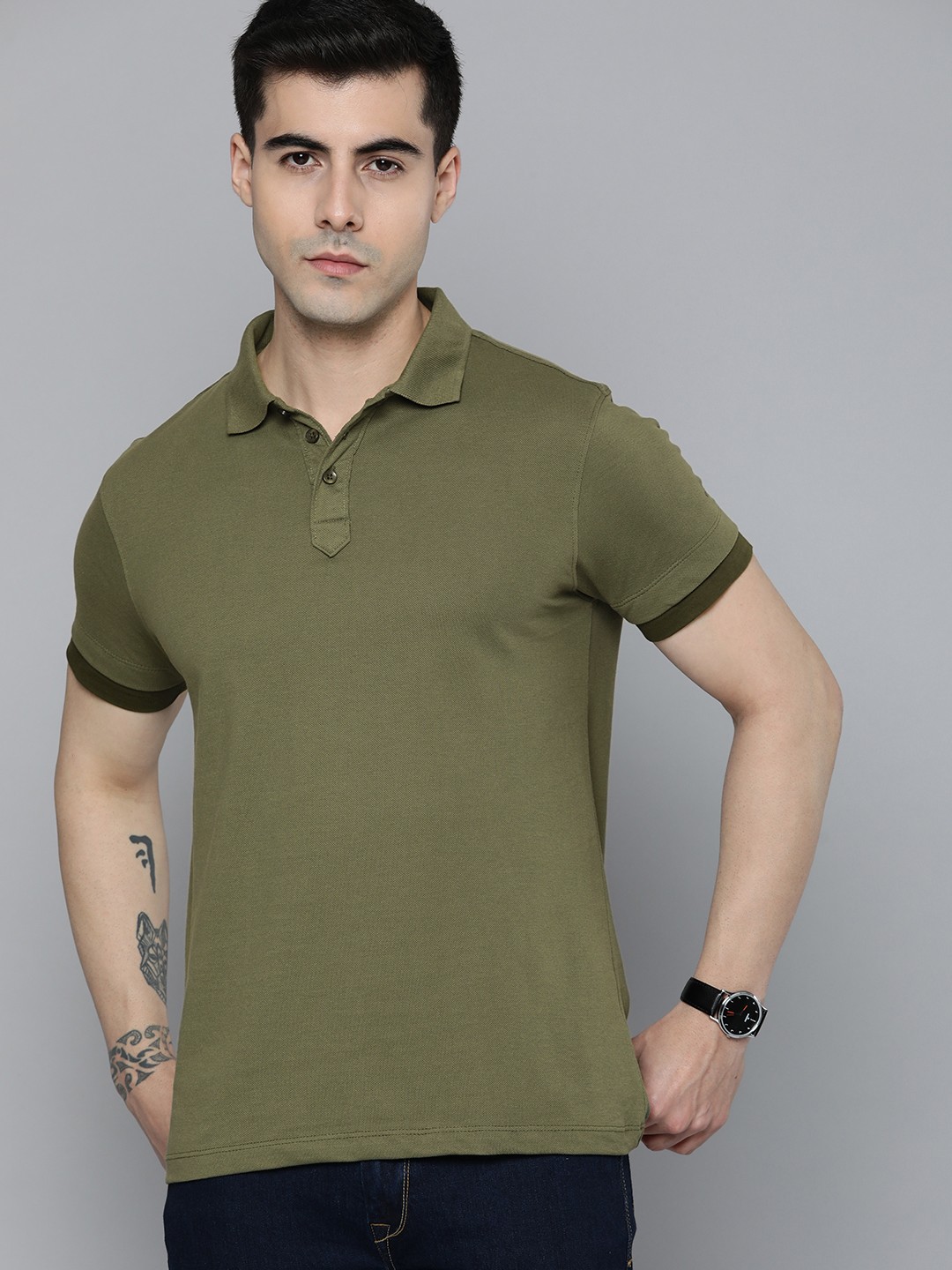 

ether Men Polo Collar Pure Cotton T-shirt, Olive