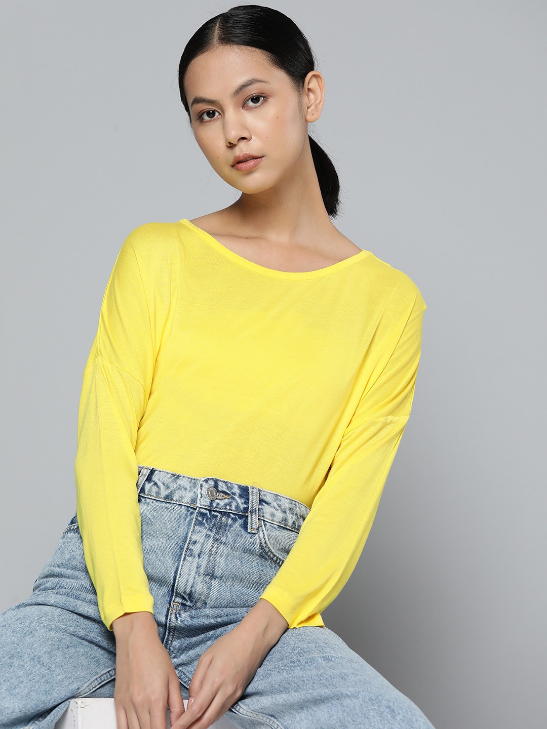 

ether Women Yellow Solid Drop-Shoulder Sleeves T-shirt
