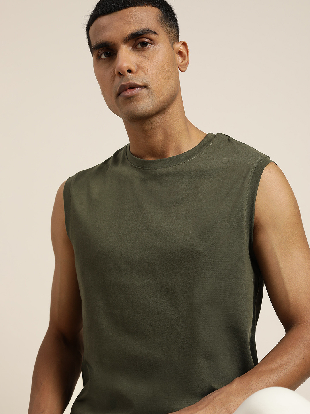 

ether Men Olive Green Pure Cotton Sleeveless T-shirt