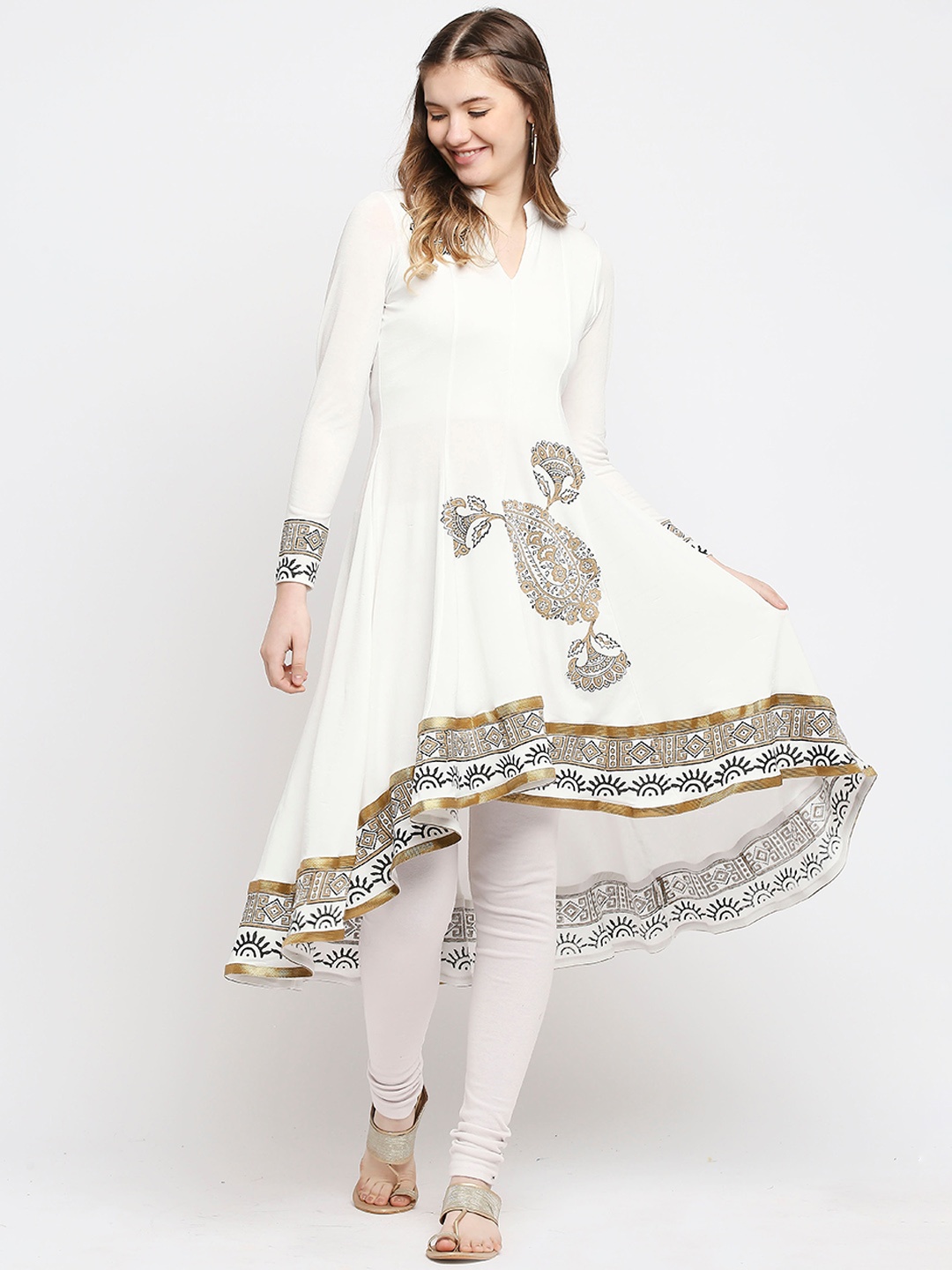 

Ira Soleil Women White Ethnic Motifs Printed Flared Sleeves Asymmetric Anarkali Kurta