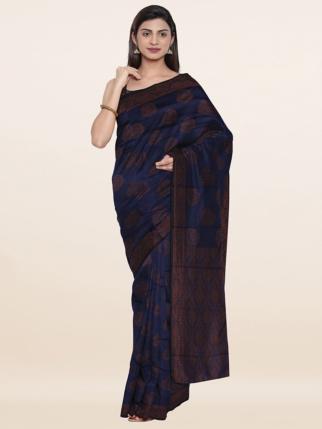 

Pothys Navy Blue & Copper-Toned Ethnic Motifs Zari Saree
