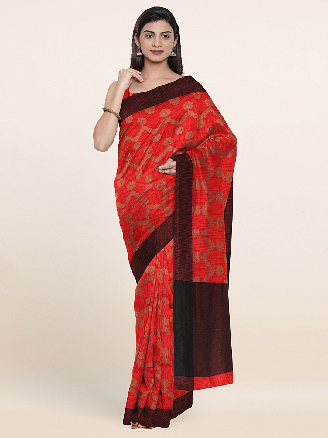 

Pothys Red & Brown Floral Zari Supernet Saree