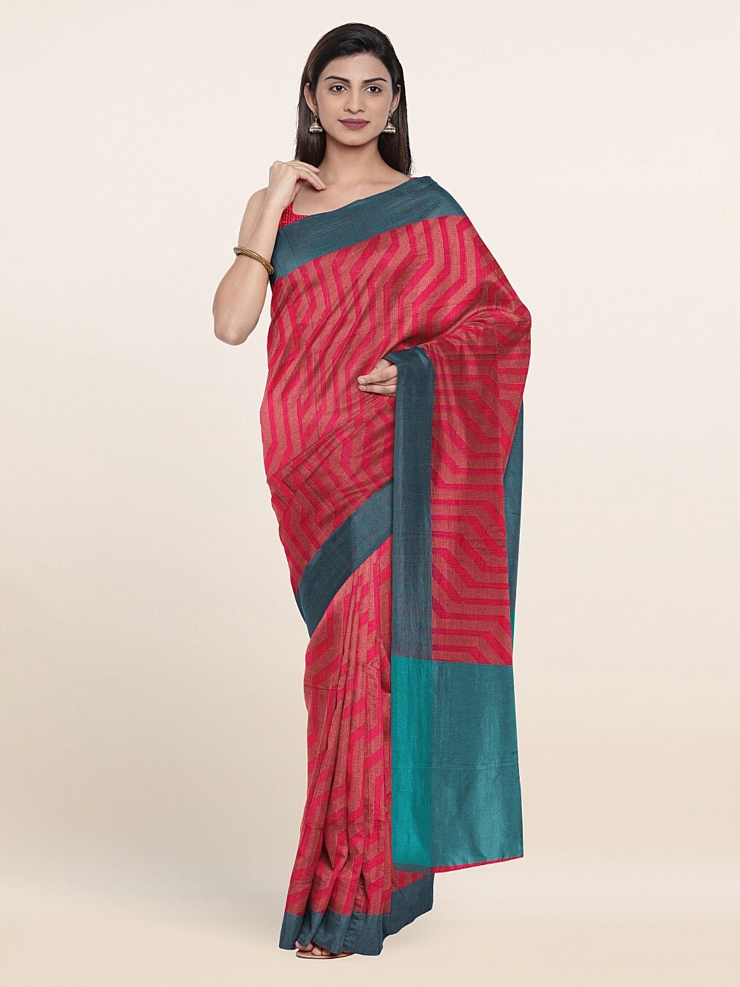 

Pothys Pink & Green Woven Design Supernet Saree
