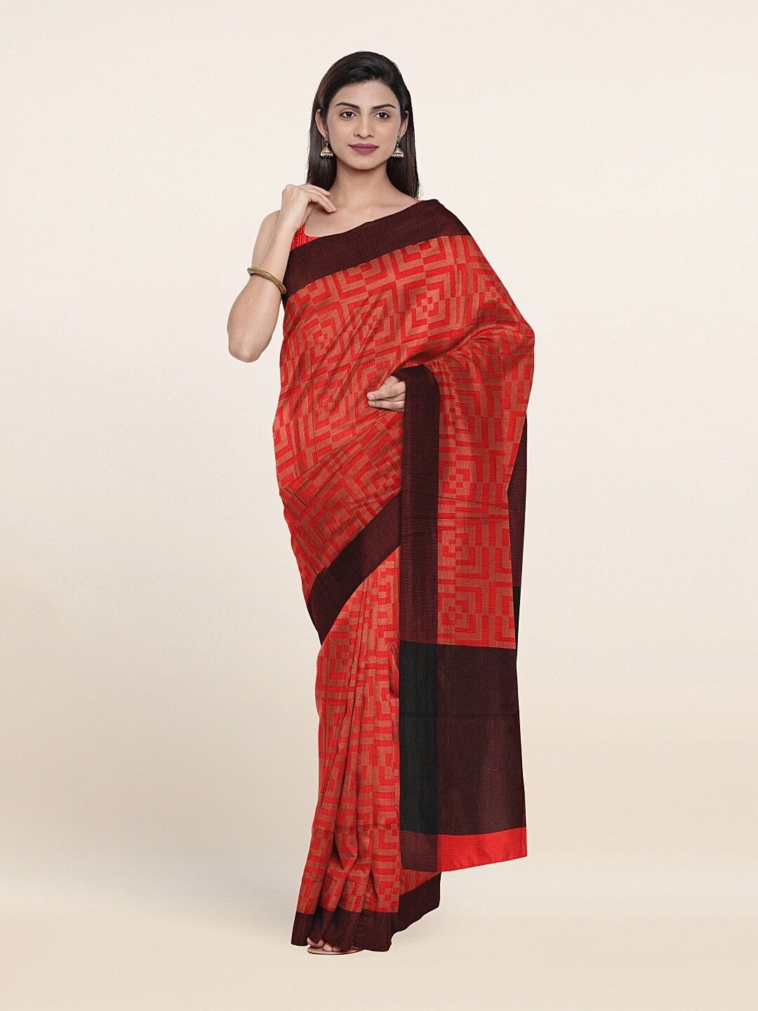 

Pothys Red & Brown Zari Supernet Saree