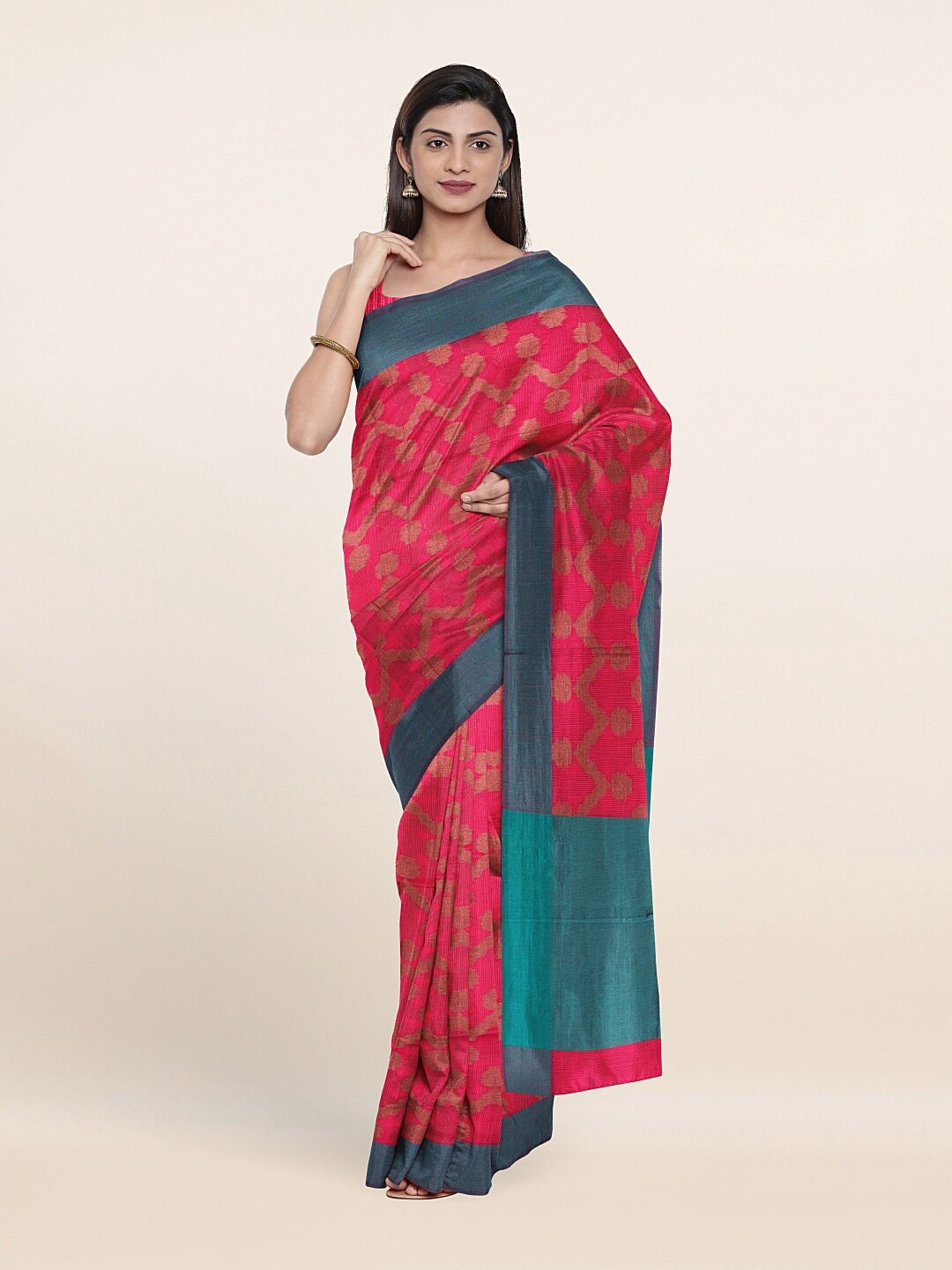 

Pothys Pink & Green Woven Design Supernet Saree