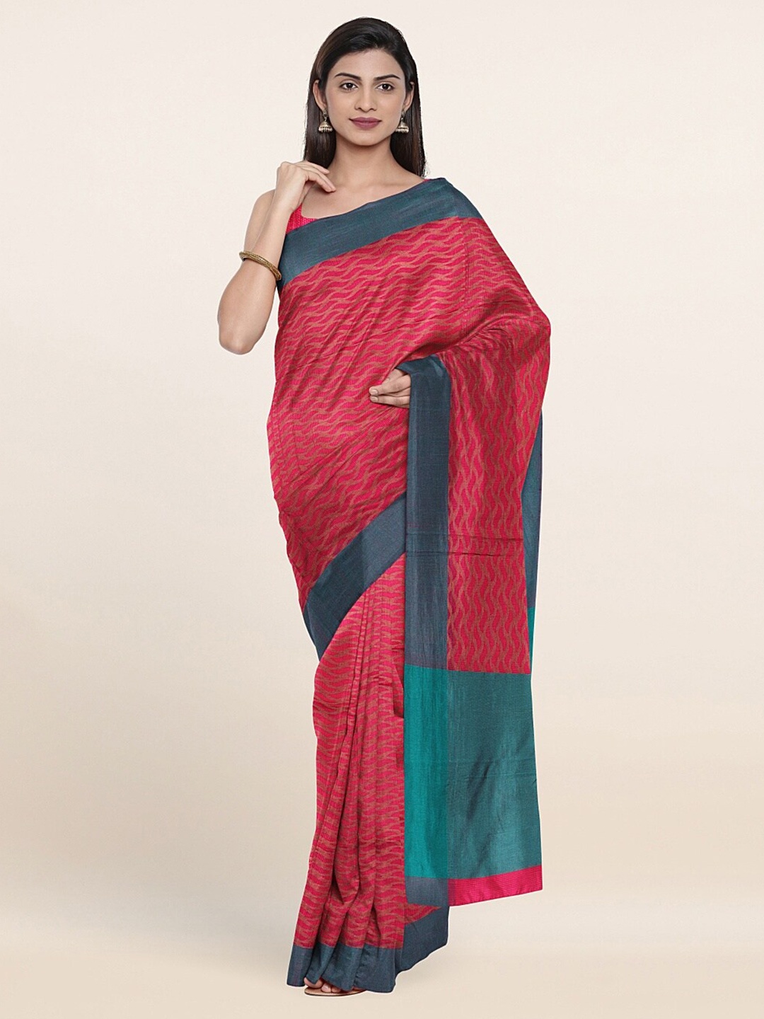 

Pothys Fuchsia & Blue Geometric Supernet Saree