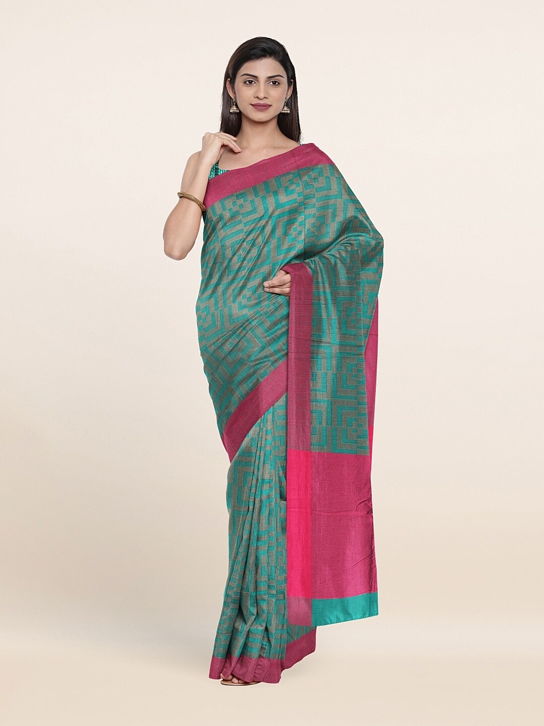 

Pothys Green & Pink Woven Design Supernet Saree