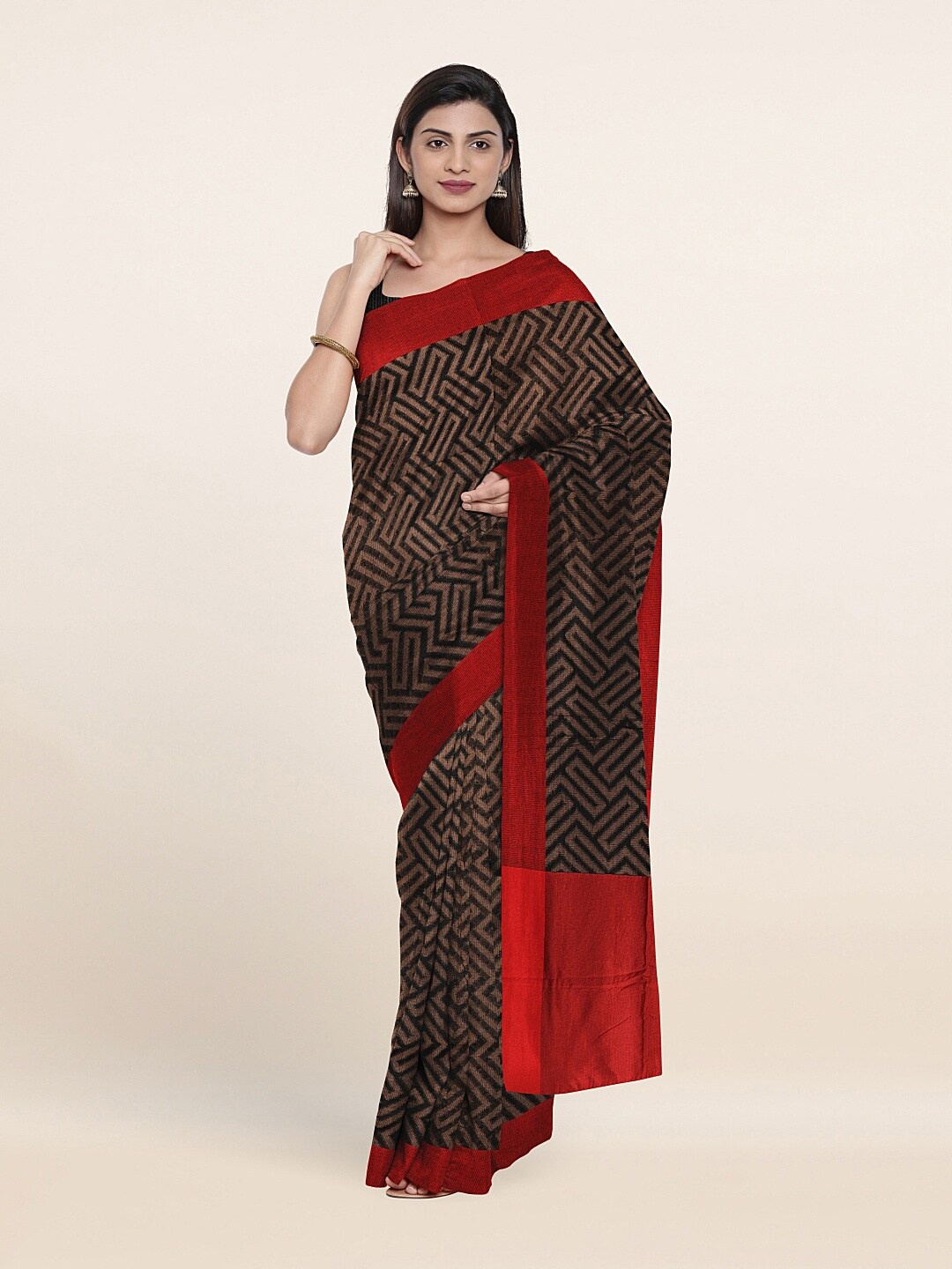 

Pothys Black & Red Woven Design Supernet Saree