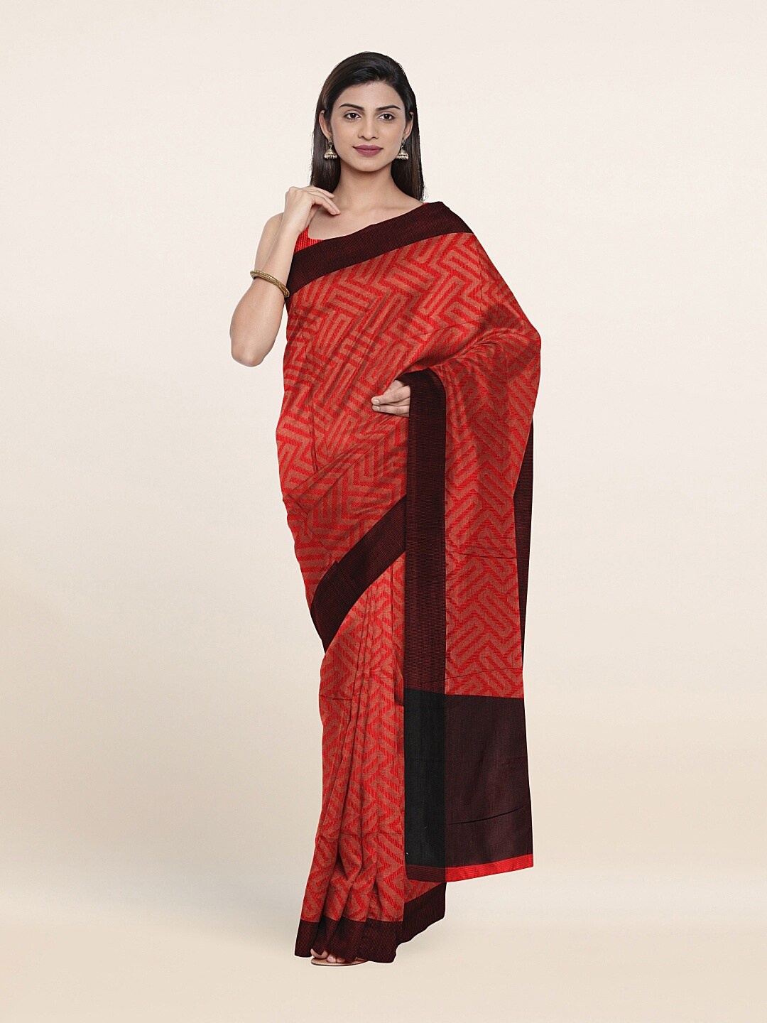 

Pothys Red & Brown Geometric Supernet Saree