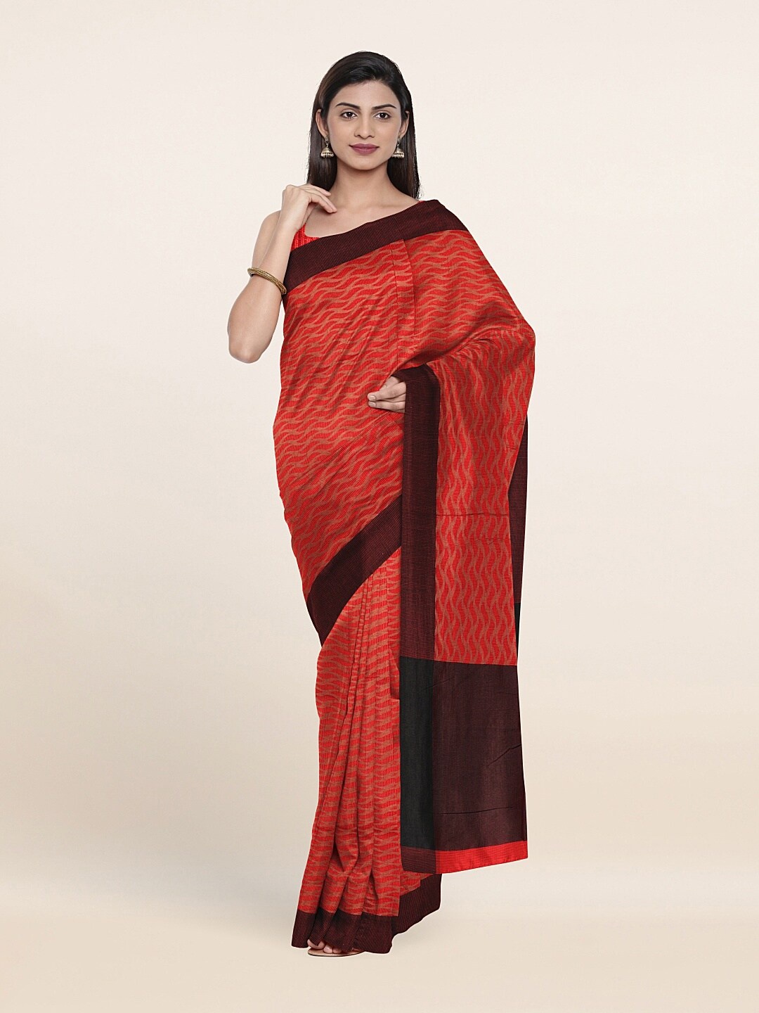 

Pothys Red & Brown Woven Design Supernet Saree