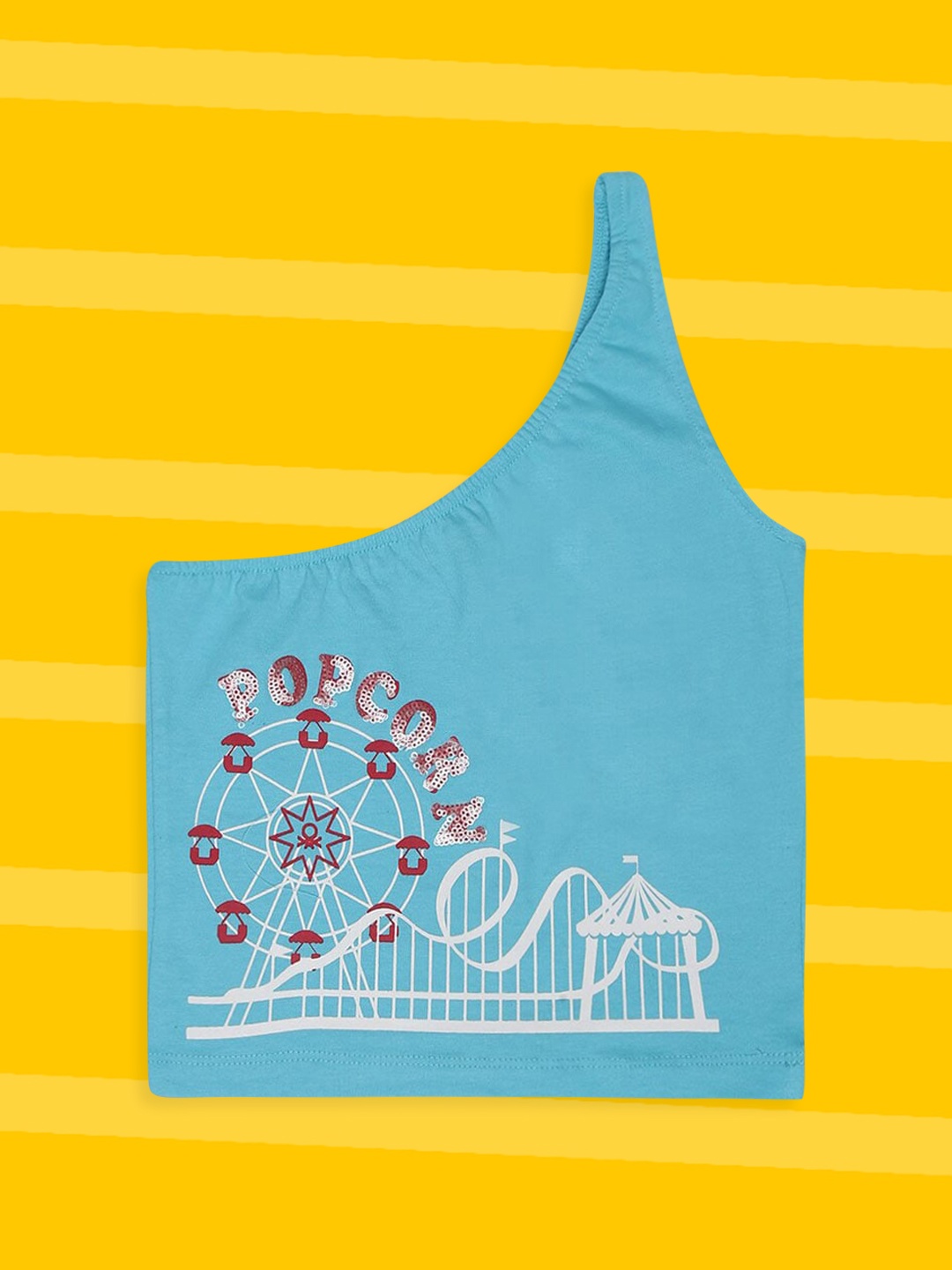 

United Colors of Benetton Girls Turquoise Blue Graphic Print One-Shoulder Pure Cotton Top