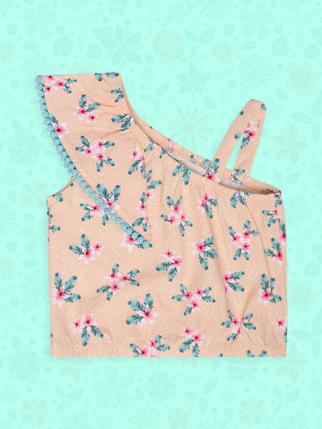 

United Colors of Benetton Girls Peach-Coloured Floral Print One Shoulder Top