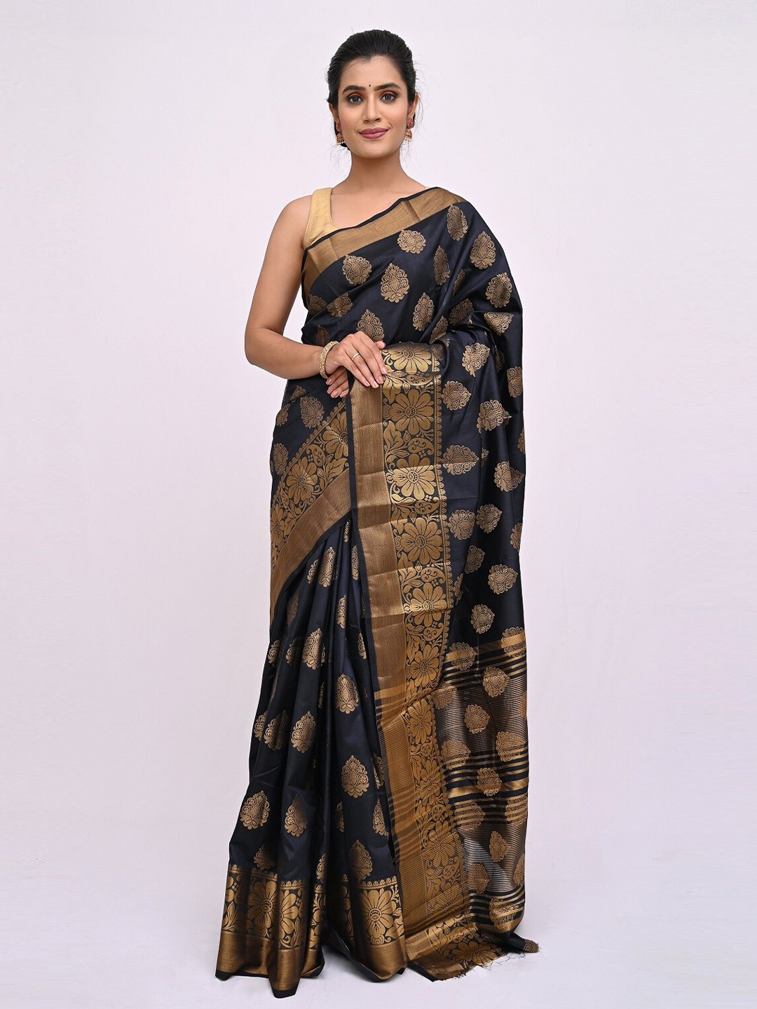 

KAJREE Black & Gold-Toned Ethnic Motifs Silk Blend Khadi Saree