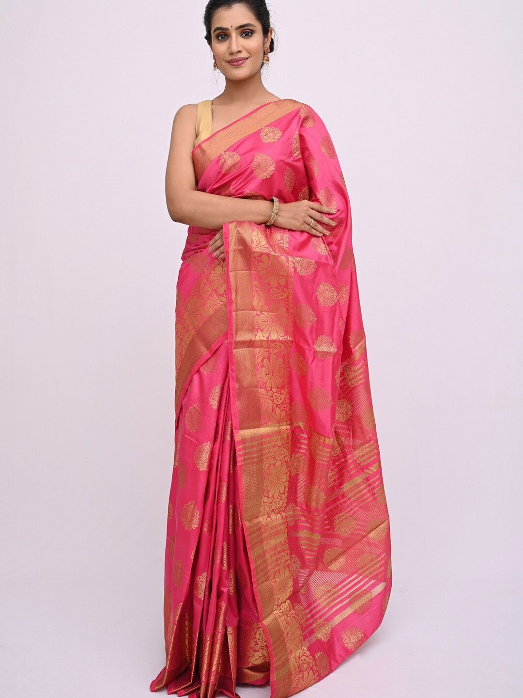 

KAJREE Pink & Gold-Toned Woven Design Silk Blend Saree