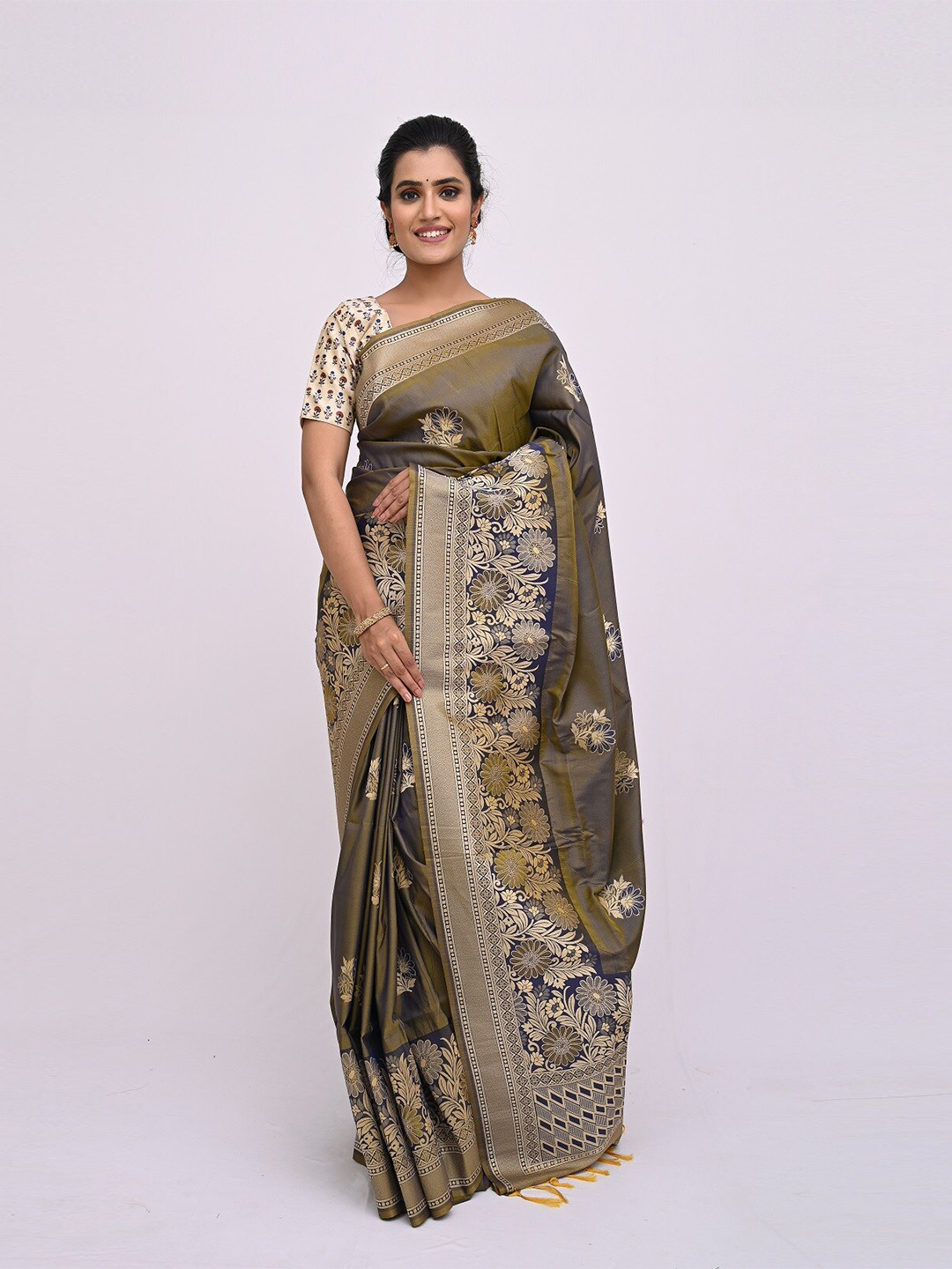 

KAJREE Taupe & Navy Blue Ethnic Motifs Pure Silk Uppada Saree