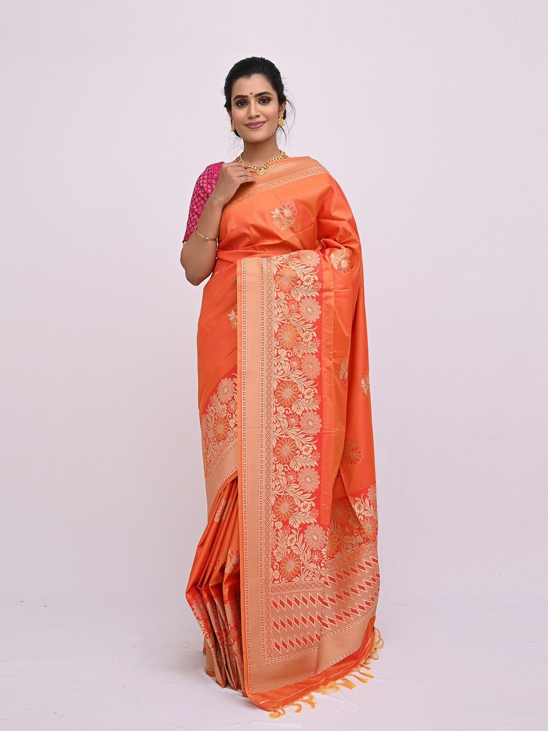 

KAJREE Orange Woven Design Zari Pure Silk Uppada Saree