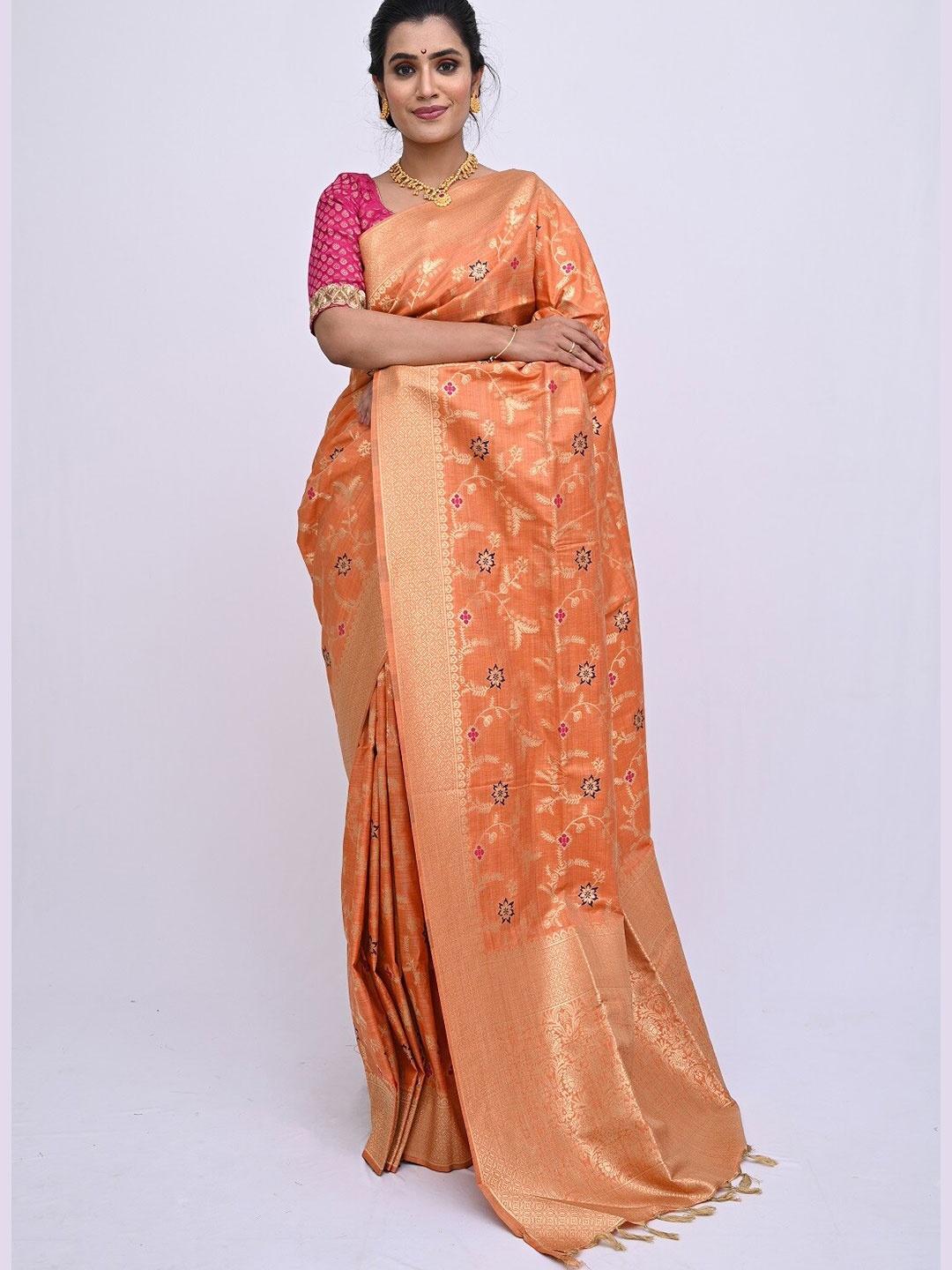 

KAJREE Orange Floral Zari Pure Silk Khadi Saree