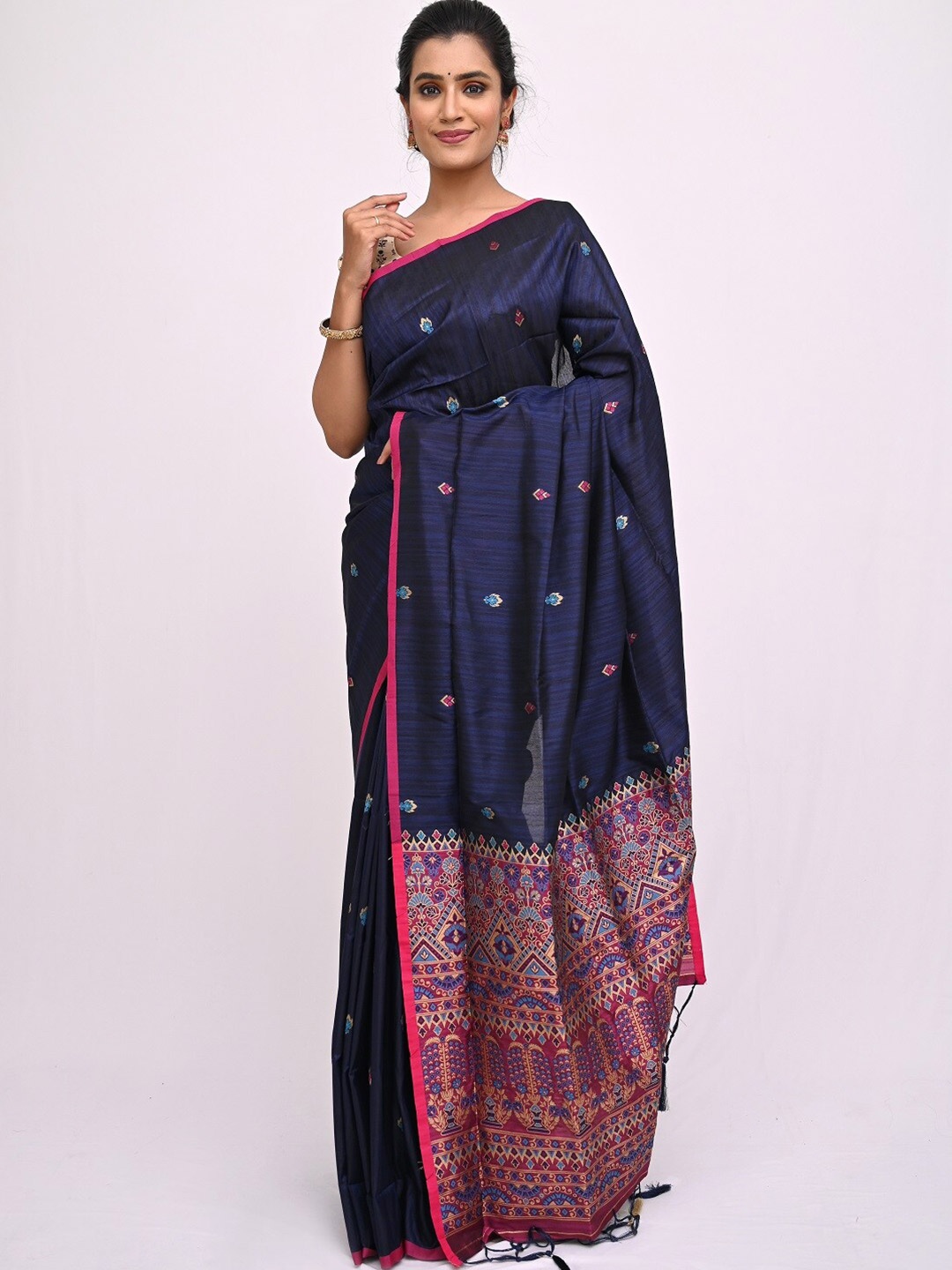 

KAJREE Navy Blue & Pink Ethnic Motifs Zari Pure Linen Tussar Saree