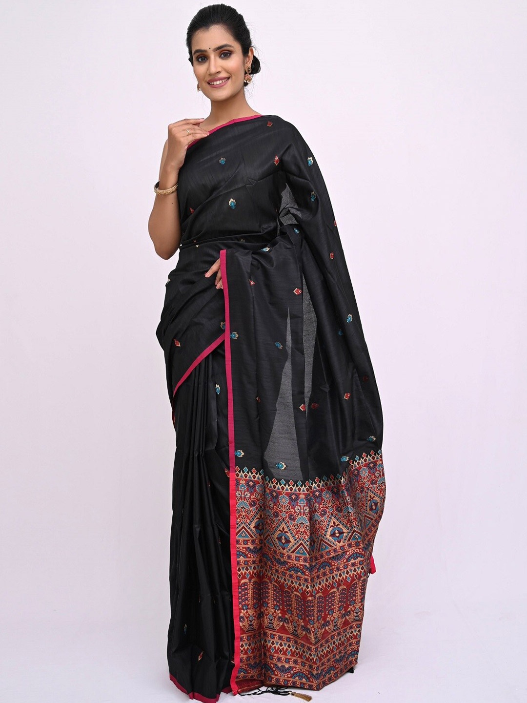 

KAJREE Black & Pink Woven Design Pure Linen Tussar Saree