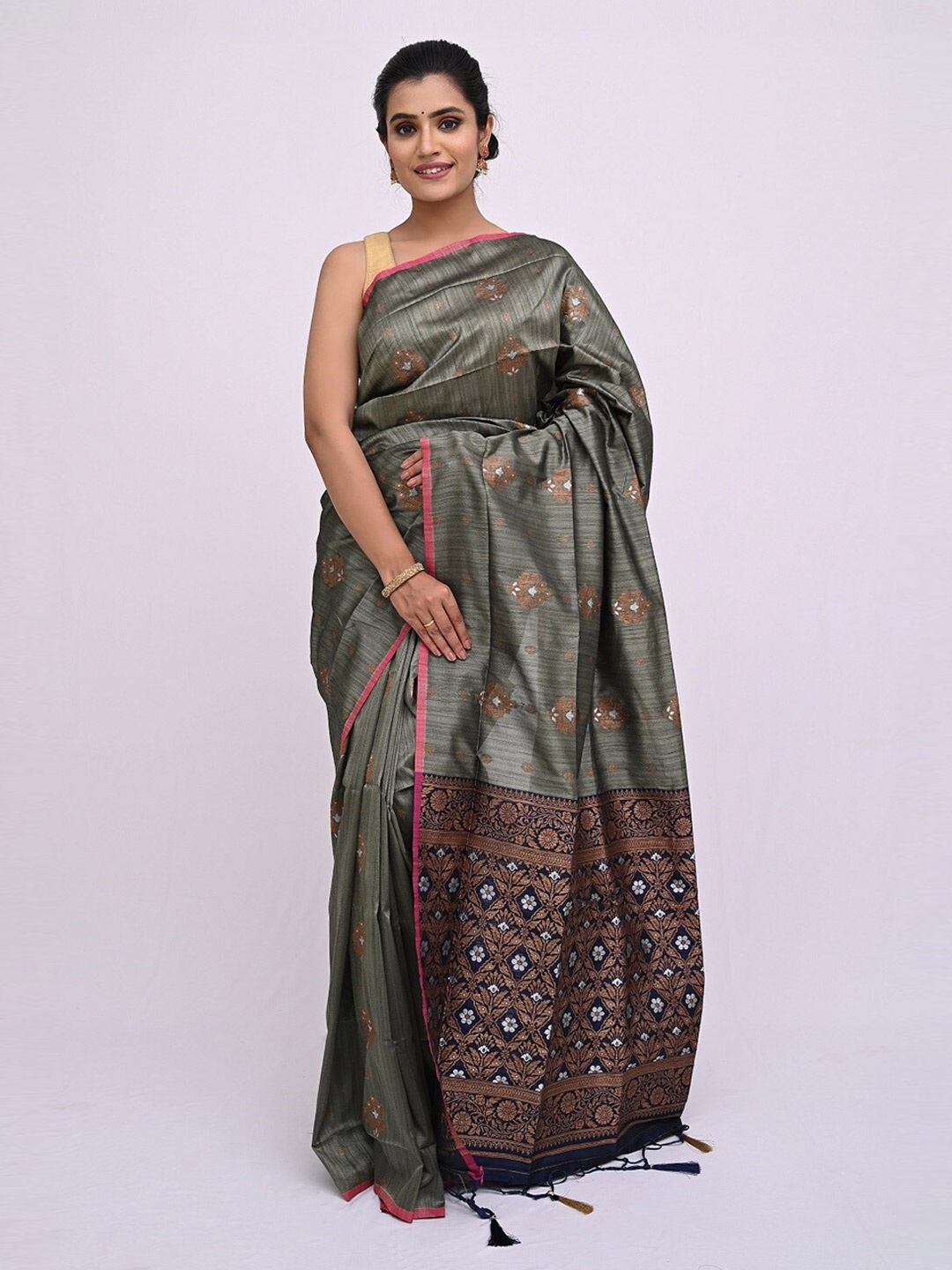 

KAJREE Olive Green & Black Woven Design Pure Linen Tussar Saree