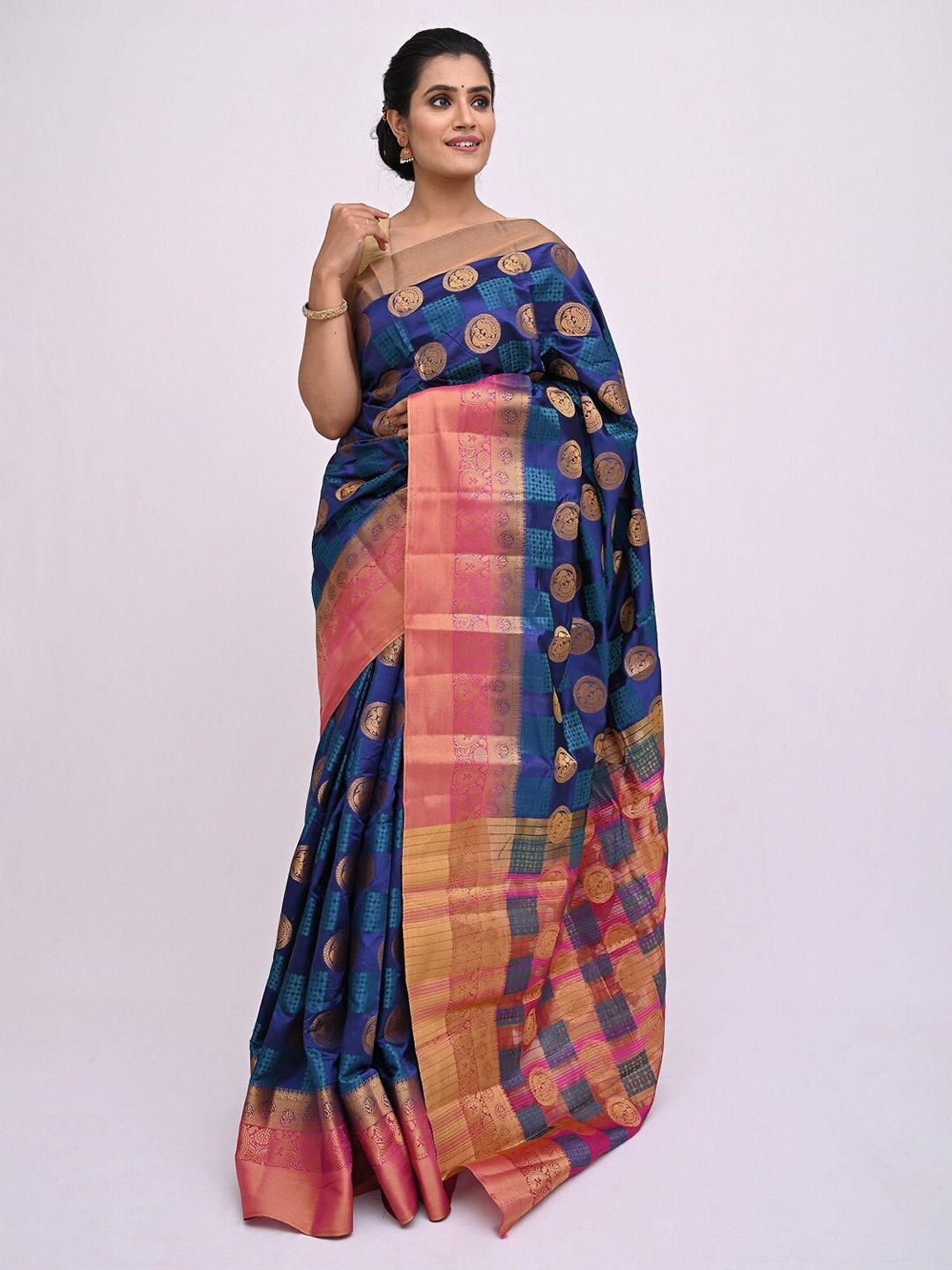 

KAJREE Blue & Pink Woven Design Zari Silk Blend Khadi Saree