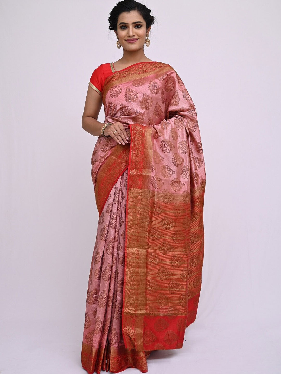 

KAJREE Pink & Red Floral Zari Silk Blend Saree