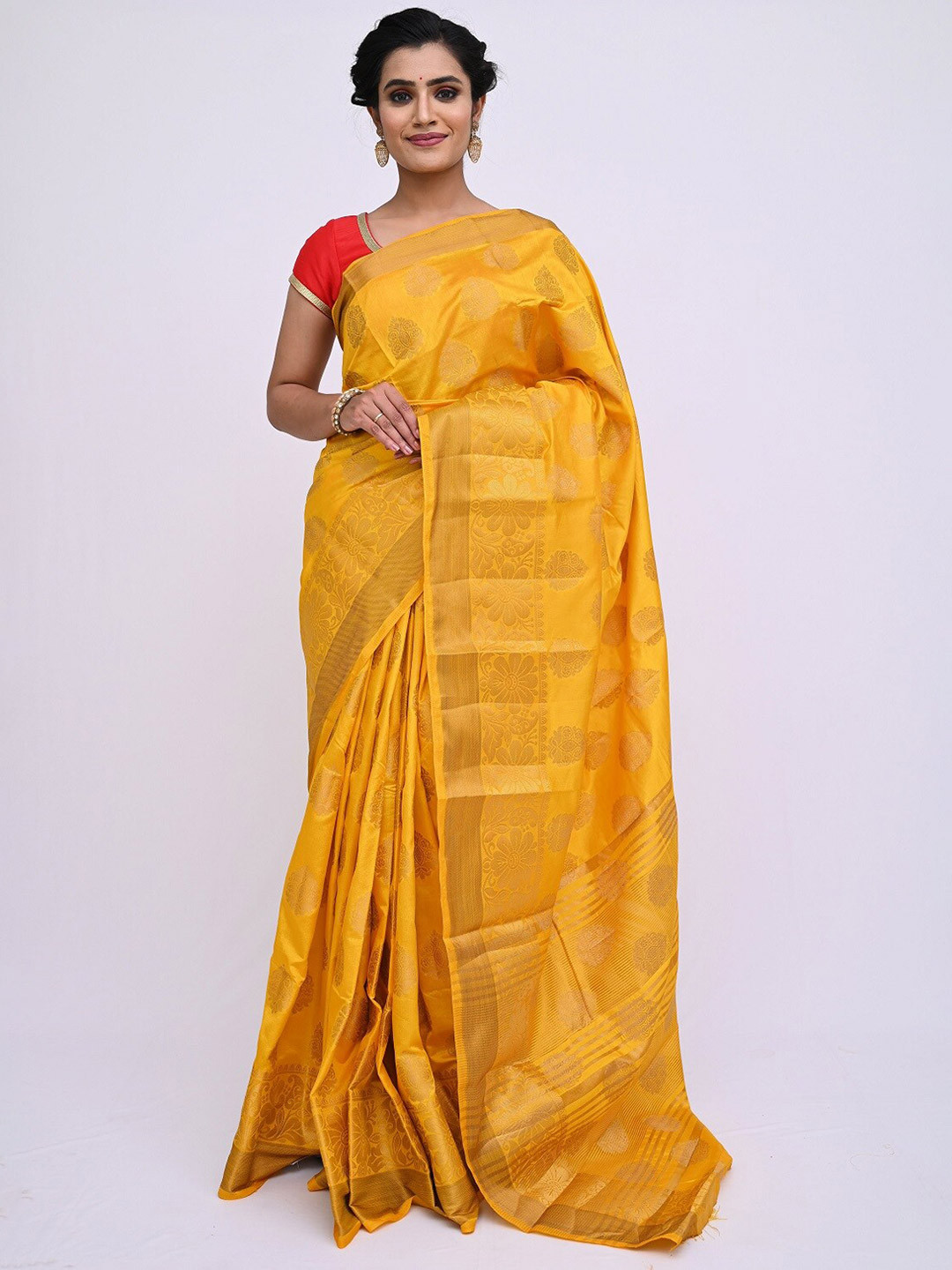 

KAJREE Yellow Woven Design Zari Silk Blend Saree