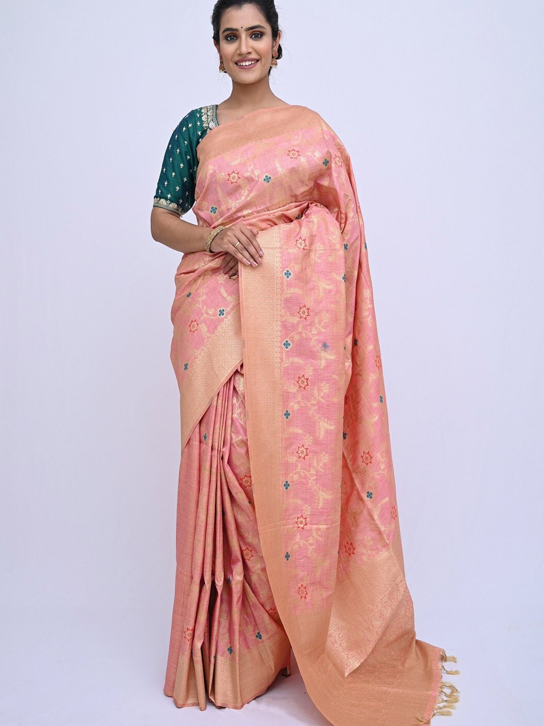 

KAJREE Peach-Coloured & Golden Floral Zari Pure Linen Tussar Saree