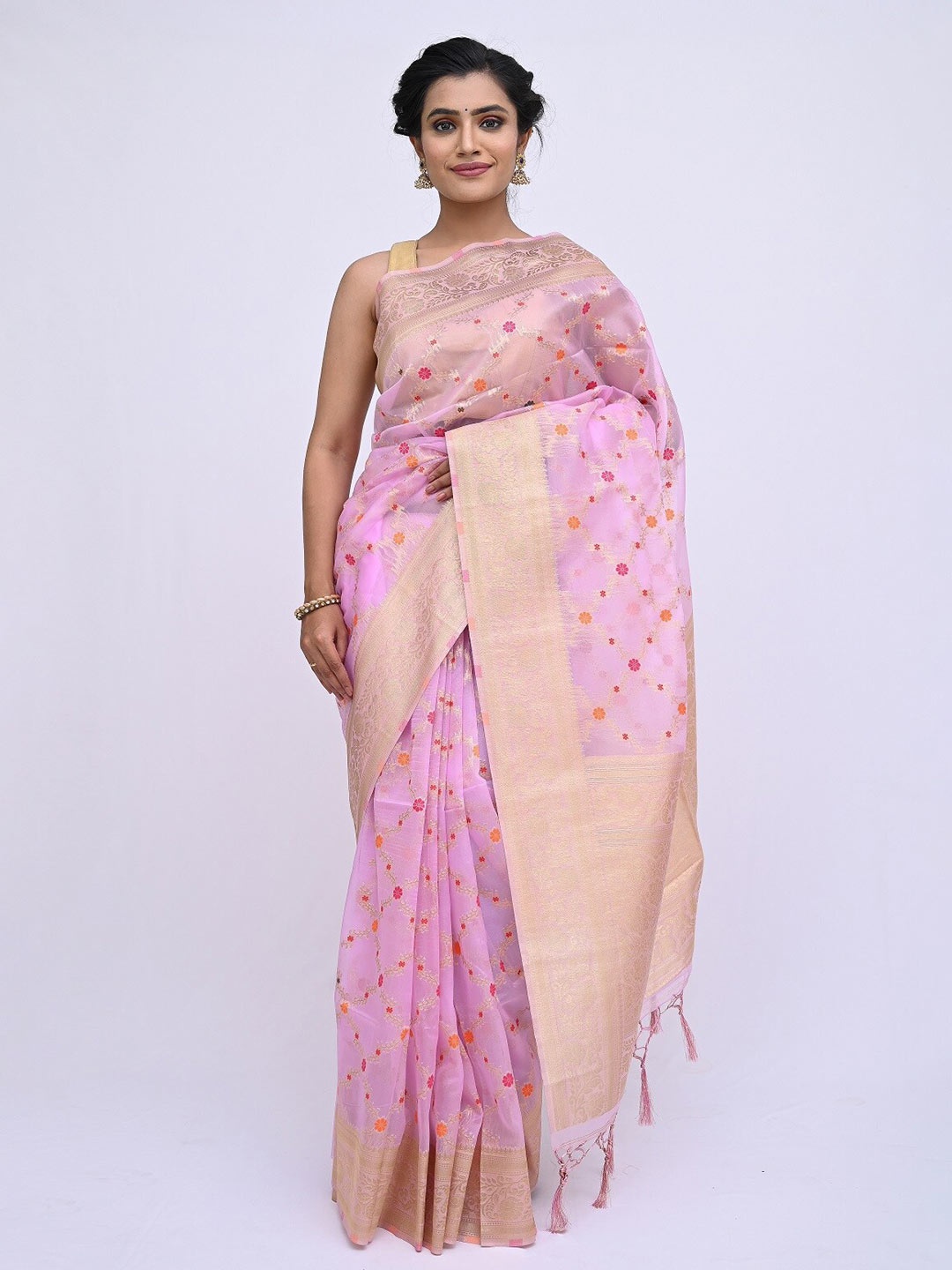

KAJREE Pink & Gold-Toned Floral Zari Organza Saree