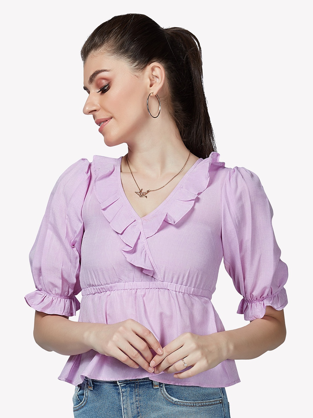 

VASTRADO Purple Ruffles Empire Top