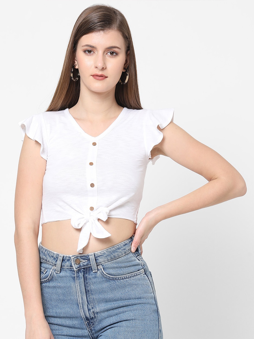 

VASTRADO White V-Neck Waist Tie Ups Knitted Pure Cotton Crop Top