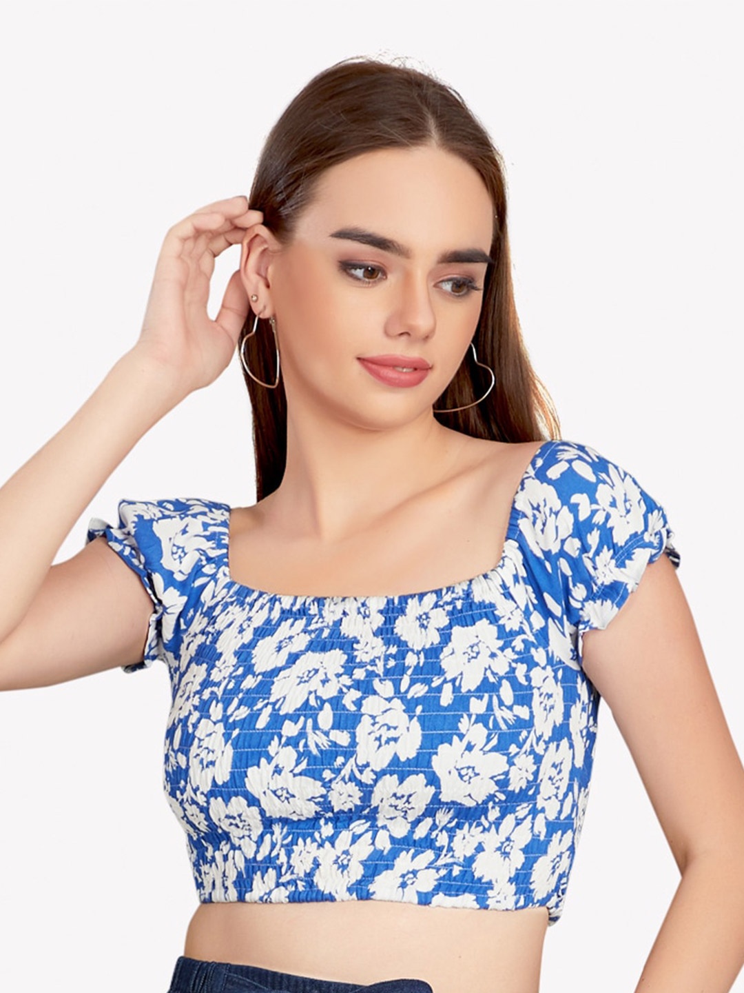 

VASTRADO Blue Floral Print Crop Pure Cotton Top